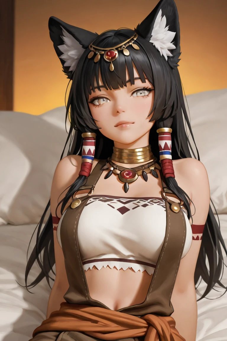 Cleopatra with extreme muscular body, gigantic muscular arms, gigantic muscular tights, kyuubi outfit, fair skin, fox ears, 9 fluffy fox tails, black hair with ponytail and gigantic breasts.