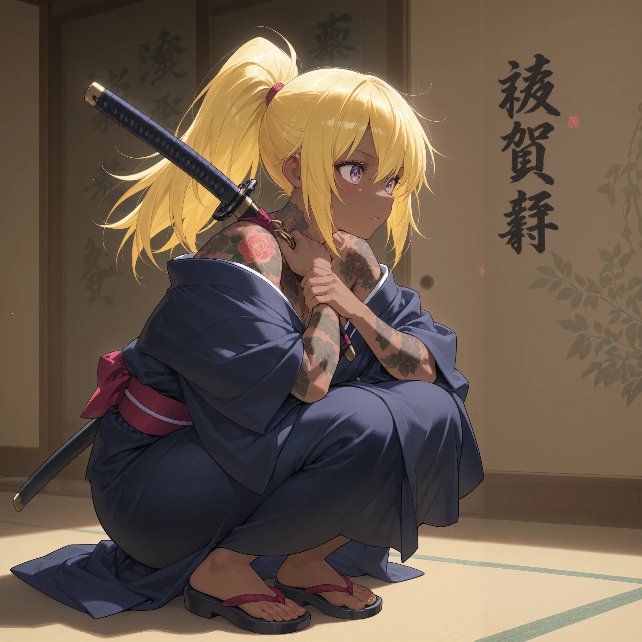 A beautiful samurai holds a Japanese sword、Action Painting 、 ponytail、 yellow hair 、 brown skin 、 Japanese kimono、 perfect face、 masterpiece, anatomically accurate, top quality, textured skin, full body tattoo /Japanese carving/、 Movie Light Effects, Animated Screenshot