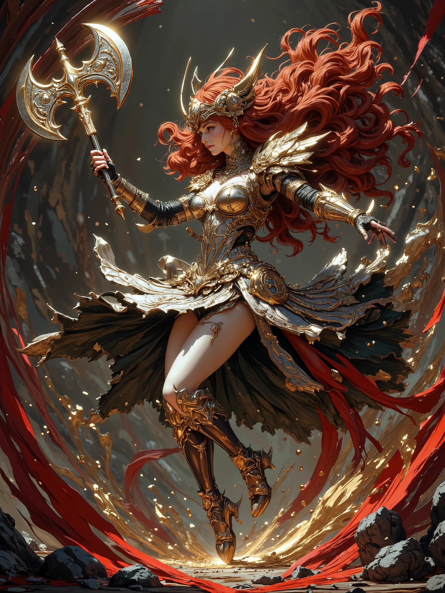 (Masterpiece:1.5,Top Quality:1.3,Amazing Quality:1.3), (Pulsating stance:1.3), (Anime Character), ((nsfw)), Solo, Full Length, Chiara, 1 Girl, ((Sexy cute girl:1.5)), White Skin, Silver Gauntlets, Silver Boots, Western sexy Armor, Shining Clothes, gleaming decorations, ((with gigantic Axe type weapon:1.6)), ((dancing wildly, sword dance:1.8)), (Wielding a Axe weapon:1.5),pulsatile, The best of the Middle Ages, Female warrior, ready to fight, glamorous, red hair, gothic dress, muscular body, sophisticated and glittering medieval armor, beautiful, very precise and delicate animation, vivid colors, unreal world, fantasy delusion, ((full body view)), (((art background))),