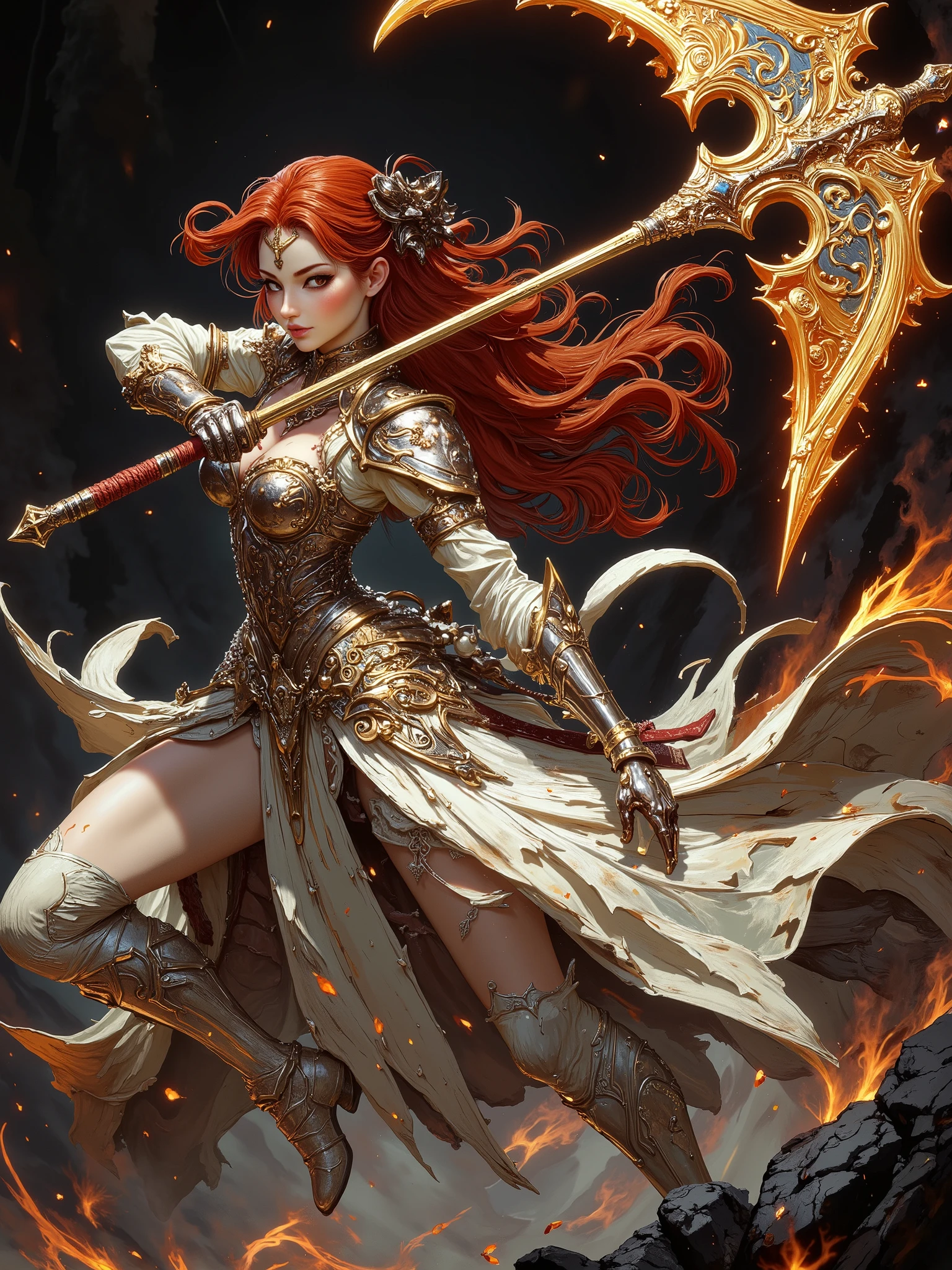 (Masterpiece:1.5,Top Quality:1.3,Amazing Quality:1.3), (Pulsating stance:1.3), (Anime Character), ((nsfw)), Solo, Full Length, Chiara, 1 Girl, ((Sexy cute girl:1.5)), White Skin, Silver Gauntlets, Silver Boots, Western sexy Armor, Shining Clothes, gleaming decorations, ((with gigantic  Axe type weapon:1.6)), ((dancing wildly, sword dance:1.8)), (Wielding a Axe weapon:1.5),pulsatile, The best of the Middle Ages, Female warrior, ready to fight, glamorous, red hair, gothic dress, muscular body, sophisticated and glittering medieval armor, beautiful, very precise and delicate animation, vivid colors, unreal world, fantasy delusion, ((full body view)), (((art background))),