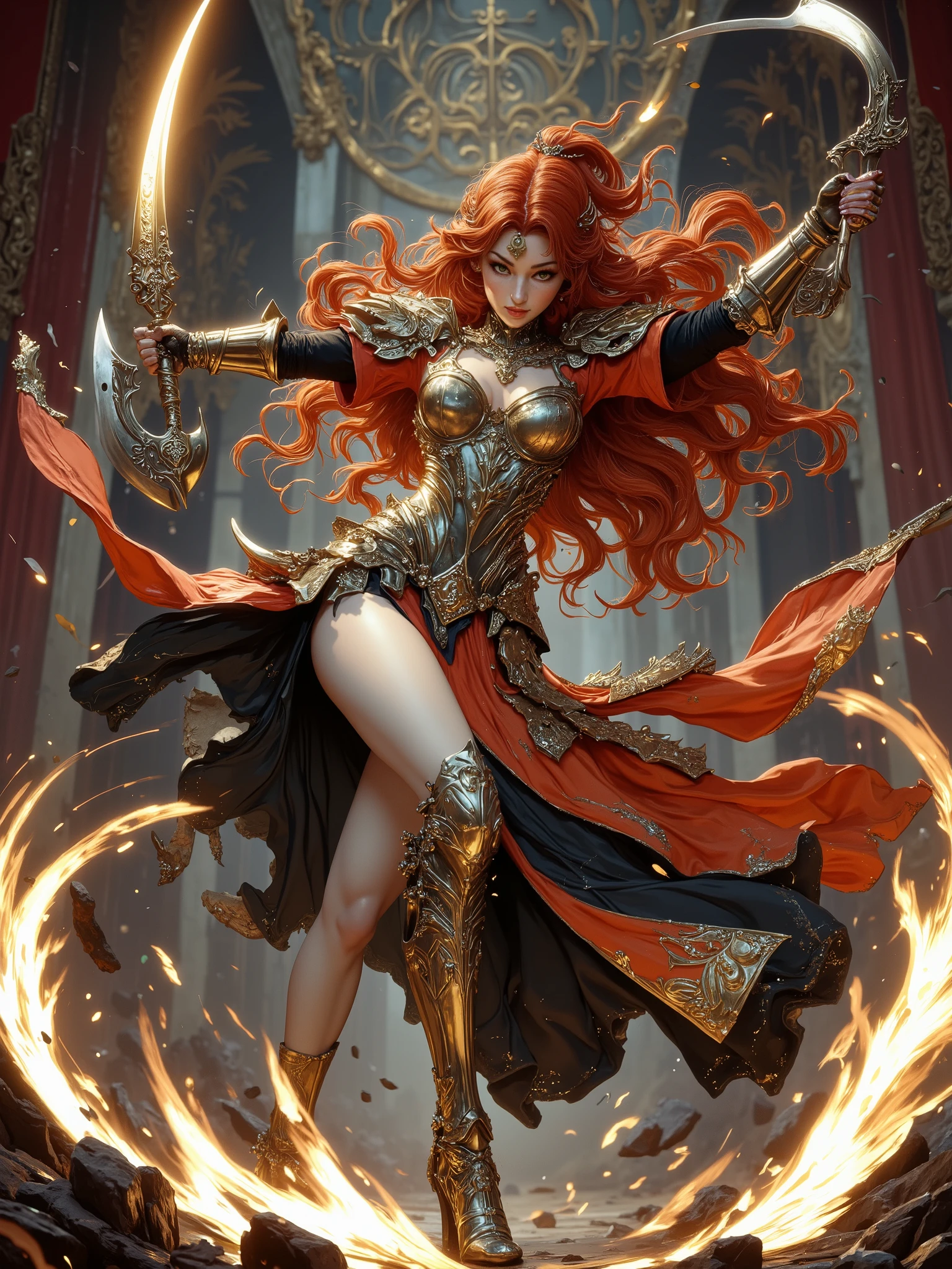 (Masterpiece:1.5,Top Quality:1.3,Amazing Quality:1.3), (Pulsating stance:1.3), (Anime Character), ((nsfw)), Solo, Full Length, Chiara, 1 Girl, ((Sexy cute girl:1.5)), White Skin, Silver Gauntlets, Silver Boots, Western sexy Armor, Shining Clothes, gleaming decorations, ((with gigantic Axe type weapon:1.6)), ((dancing wildly, sword dance:1.8)), (Wielding a Axe weapon:1.5),pulsatile, The best of the Middle Ages, Female warrior, ready to fight, glamorous, red hair, gothic dress, muscular body, sophisticated and glittering medieval armor, beautiful, very precise and delicate animation, vivid colors, unreal world, fantasy delusion, ((full body view)), (((art background))),
