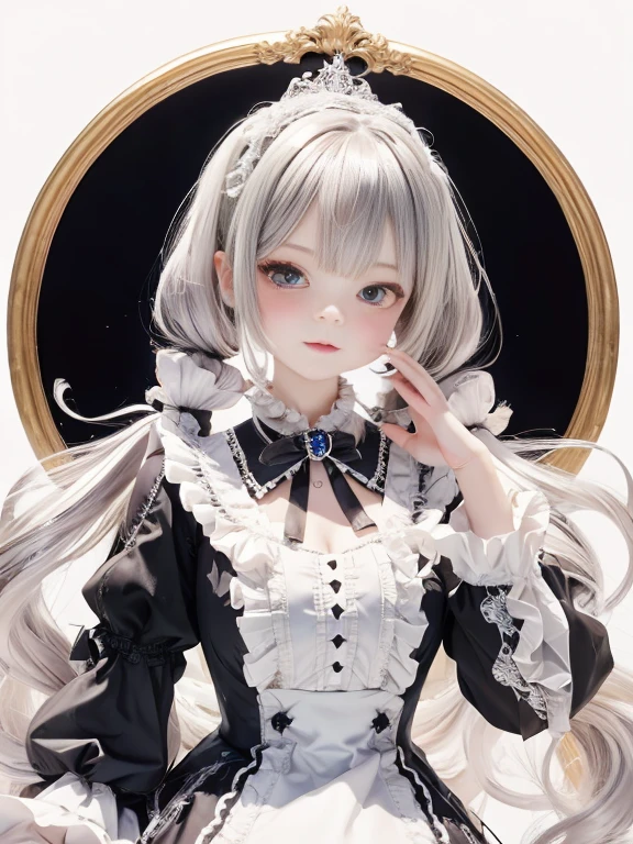 detailed face, cute face, ((masterpiece)), (Highest quality))), (Character design sheet, National costume, same characters, front, ~ side, return), figure, 1 girl, whole body, Silver Hair, eyes hair, Beautiful Eyes, Princess Cut, Environmental change scene, Short skirt, Shyness, woman, girl, Are standing, Gothic ta, VTuber, Chartern Betarola, (simple returnground, white returnground: 1.3) ( masterpiece:1.2), (Highest quality:1.3)