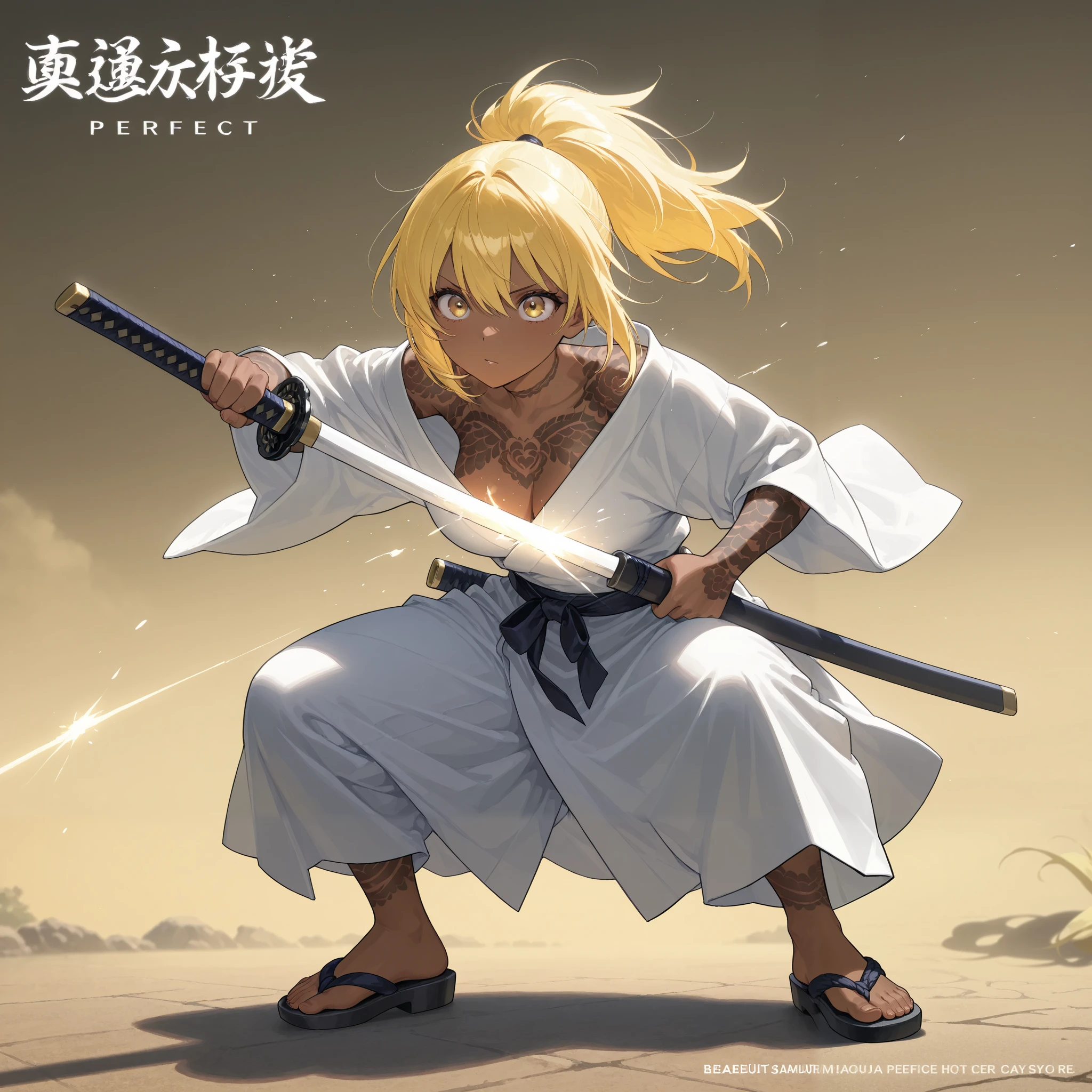A beautiful samurai holds a Japanese sword、Action Painting 、 ponytail、 yellow hair 、 brown skin 、 Japanese kimono、 perfect face、 masterpiece, anatomically accurate, top quality, textured skin, full body tattoo /Japanese carving/、 Movie Light Effects, Animated Screenshot