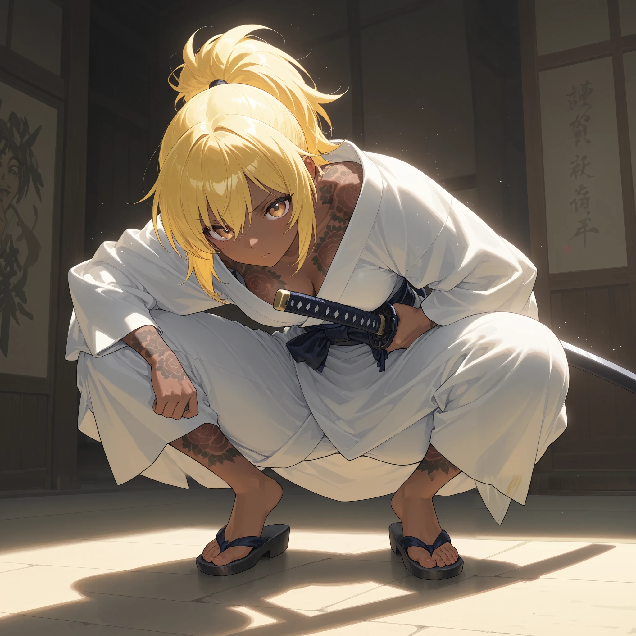 A beautiful samurai holds a Japanese sword、Action Painting 、 ponytail、 yellow hair 、 brown skin 、 Japanese kimono、 perfect face、 masterpiece, anatomically accurate, top quality, textured skin, full body tattoo /Japanese carving/、 Movie Light Effects, Animated Screenshot
