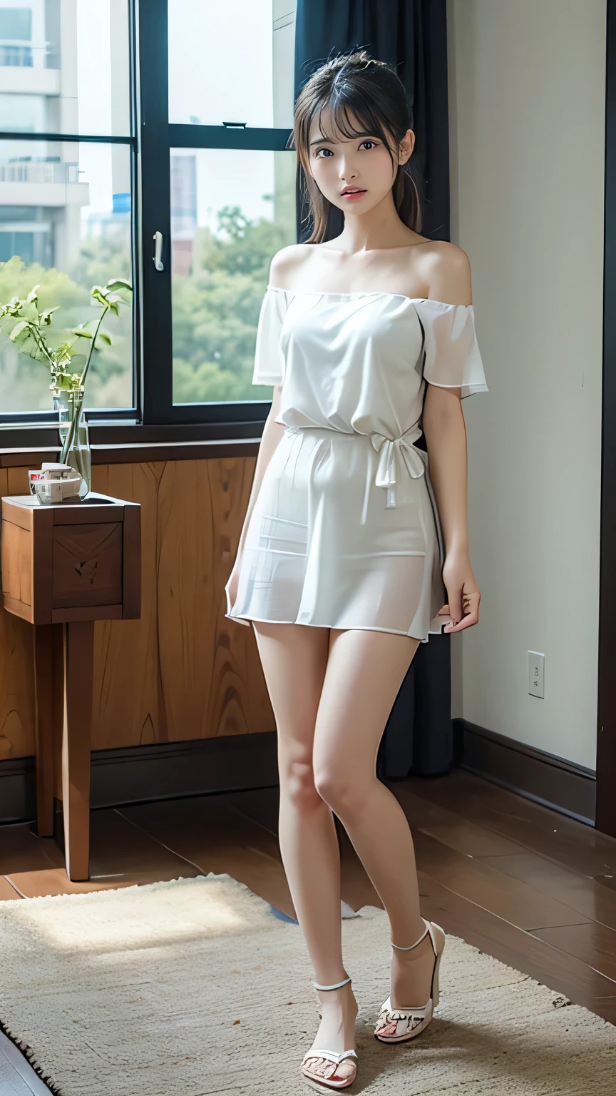 (8k,RAW Photos、RAW Photos、highest quality、Masterpiece:1.2)、１girl、１Middle-aged men、Very detailed、Super Resolution、(Realistic:1.3)、((Shooting from below)),((Cowboy Shot:1.4))、Clear depiction of light and shadow、High-resolution RAW color photos、Professional photography、((living room:1.4)))、Drawing faithful to anatomy、Very detailed and beautiful、super high quality、((girl with short cut hair:1.4))、((Girl standing in front of the door:1.4))、((White short-sleeved off-shoulder shirt:1.4))、high school girl:1.7、((White short-sleeved off-the-shoulder chiffon dress:1.4))、((White chiffon micro mini skirt that accentuates thighs:1.4))、Upper Body、((Girl with a pochette on her shoulder:1.4))、((smile:1.4))、