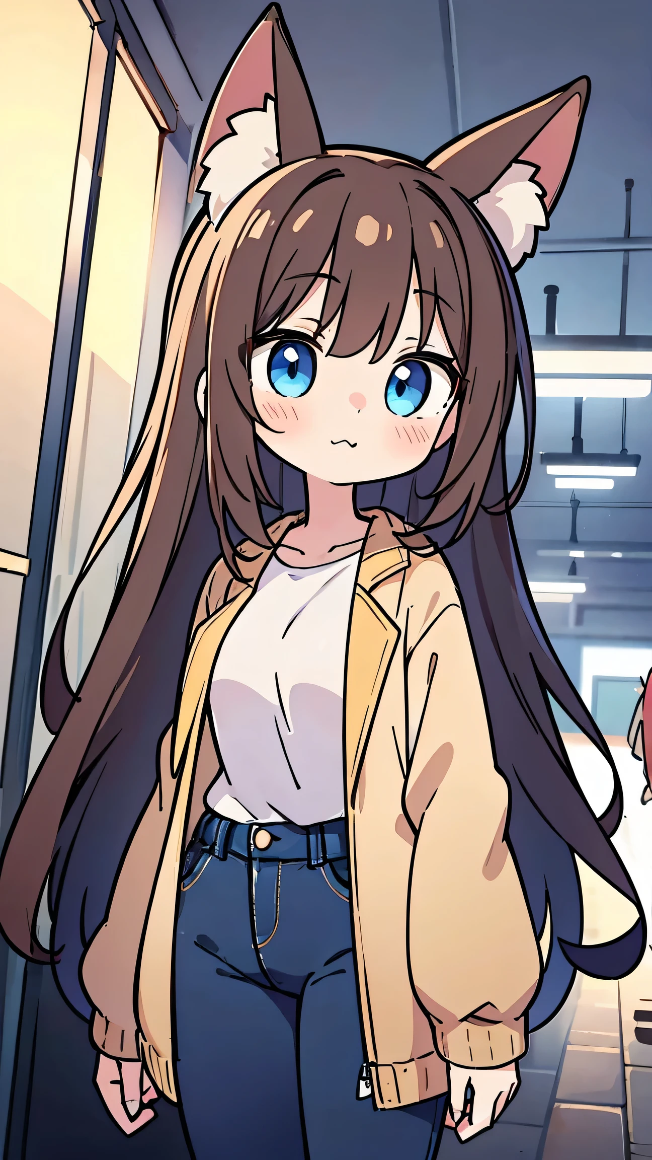    anime style、 cute face、 girls on the left、Fox Ears、brown hair、 blue eyes、 long hair、 Beige Jackets 、jeans