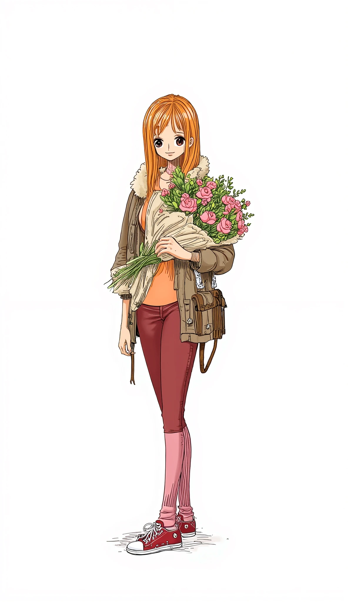 girl、background is stark white、on3pi3c3styl3、ground、pastel collar、(biologically correct human body structure:1.6)、 detailed hands、 Details、Perfect piece、high quality、32K、Alone、 alone、Semi-realistic、detailed eyes、detailed faces、( full shot without being short:1.6)、Big Breasts、cartoon dress character design、perfect face、Beauty、 detailed illustrations 、Fine Lines、 nice smile、shame、Portrait Photography、cool beauty、((red)hair、long hair、(red) jacket、(embarrassment) t-shirts、(red)tight skirt with juniors、(red)Sneakers、bouquet)