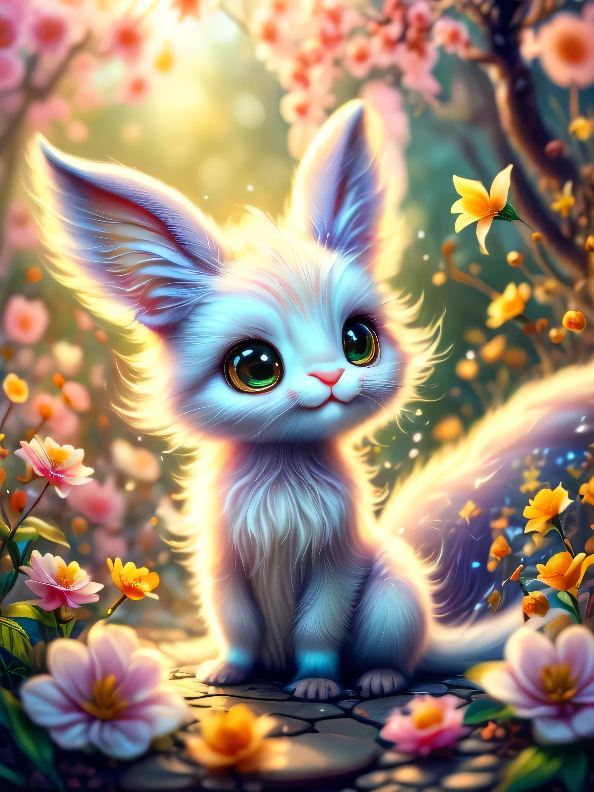 whimsical airbrush and oil painting, best angle of a Very cute mythical graceful transparent anthropomorphic furry creature holds jasmine flower, thin arms, fragile thread legs, jasmine flower spirit, Mystical garden where white jasmine grows in a professional photograph by Awwchang :: Luis Royo :: WLOP :: Artgerm Lau :: Anne Stokes :: natural deep colors