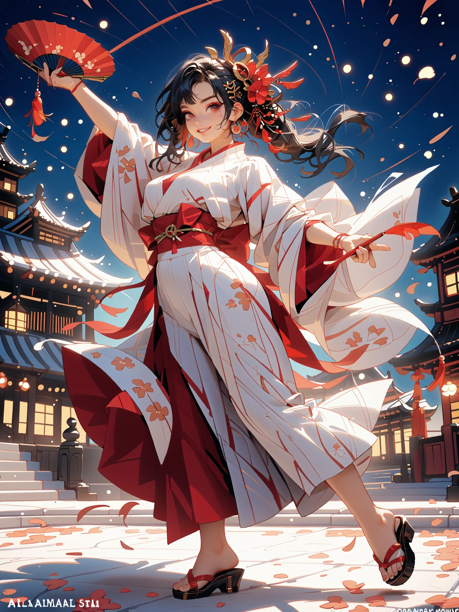 dynamic pose(Foldable Silk Fanを優雅に開き、dancing Japanese dance,)Beautiful age girl illuminated by the moon(A deep smile, black hair,slender figure,supple and curved proportions that glow in Prism School's rainbow colors）A large amount of rainbow-colored particles swirl around the center。
(Foldable Silk Fan)、(Sumptuous gold thread embroidered cherry blossoms and auspicious patterns、The finest red silk kimono、)Gold-embellished hairpin、Sandals。
Weeping cherry blossoms 、Cherry blossom petals soar in large numbers,Jet black night sky 、starry sky。
An anime picture that looks like it was drawn by a top illustrator。
