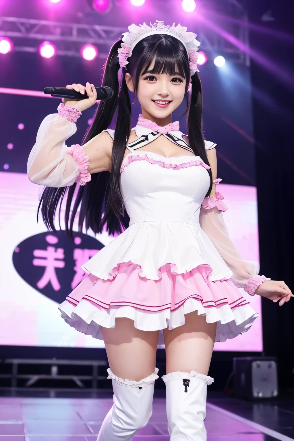 1 girl, Japanese gravure model, medium straight hair, bangs, (white skin:1.1),cute beautiful girl,big breasts, A simple, serious and innocent girl,
smile, fun feeling, I'm happy,
dynamic angle, dynamic pose, (fun poses:1.1),
(innocent idol_singer costume:1.3), During stage break,
masterpiece, highest quality, 8k, become familiar with, become familiar with face and skin and hair, High resolution, perfect anatomy, Physically based rendering, realistic, symmetrical clear eyes, well-groomed face,