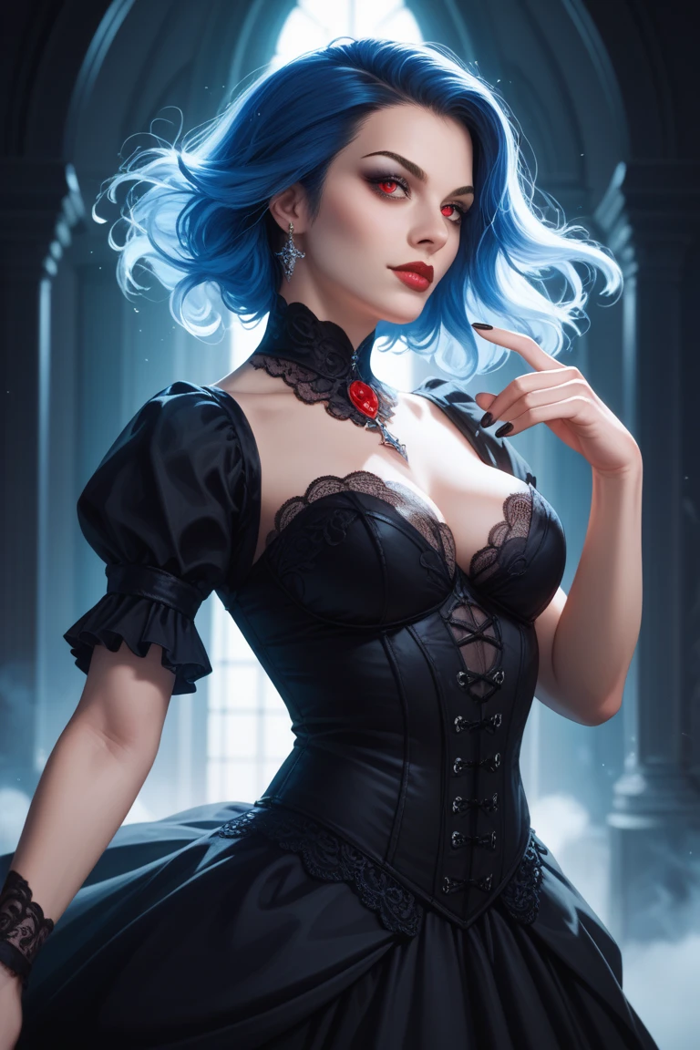 fantasy art deco (art deco: 1.5) A (black and white: 1.5) glamours (vampire: 1.5) model shot, RAW, award winning, of an exquisite beautiful 1solo female vampire, ultra feminine, full body, busty woman, most beautiful face ultra detailed face, ((long twin tails: 1.3)), pale skin, glowing (red: 1.3) eyes, wearing (blue: 1.5) silk glamour intricate dress, wearing intricate high heels, light make up, ancient library background, (black and white filter: 1.4), (anatomically correct: 1.4), 1960s photoshoot style, picture taken from dynamic range, vibrant, Ultra-high resolution, High Contrast, (masterpiece:1.5), highest quality, Best aesthetics), best details, best quality, highres, ultra wide angle, 16k, [ultra detailed], masterpiece, best quality, (extremely detailed), Intense Gaze, dark novel, mega twintails