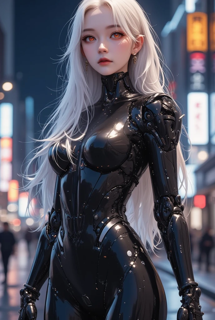 ((masterpiece:1.4, best quality))+, (ultra detailed)+,
1 girl,cyberpunk city,flat chest,wavy hair,mecha clothes,(robot girl),cool movement,silver bodysuit,colorful background,rainy days,(lightning effect),silver dragon armour,(cold face),cowboy shot,
