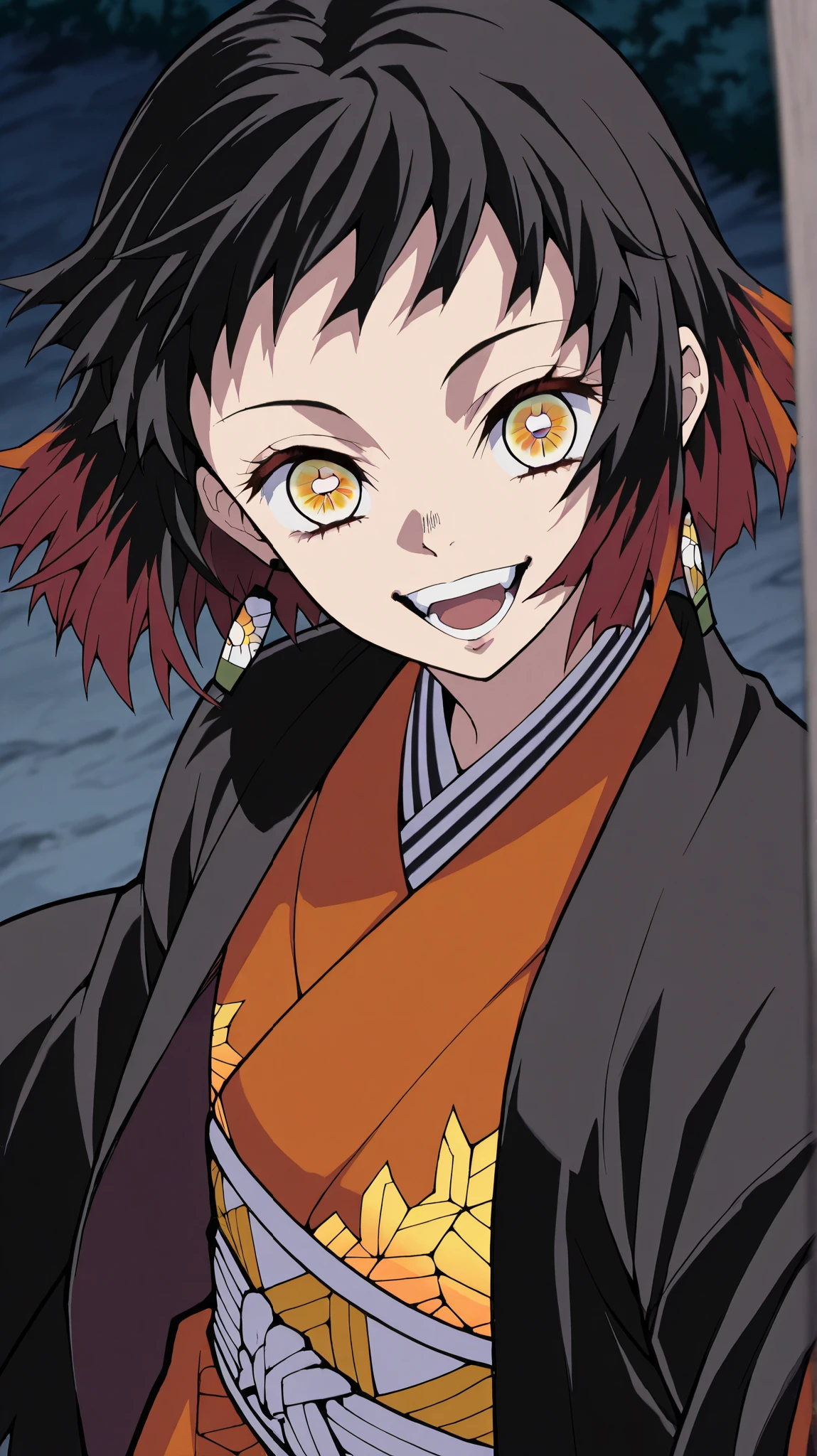 susamaru,kimetsu no yaiba,demon slayer
High quality , best quality , masterpiece, High Resolution , detailed face( LoRA: susamaru),anatomically correct, detailed hair Style( LoRA: susamaru),anime Coloring
solo, 1 girl
short hair, black hair, yellow eyes, red hair, multicolored hair, two-tone hair,, flat chest
jewelry, japanese clothes, kimono, sash, orange kimono, black haori, haori,
looking at viewer , close-up,from above,upper body,
, Japanese-style room, Night, outside,
, smile,open mouth