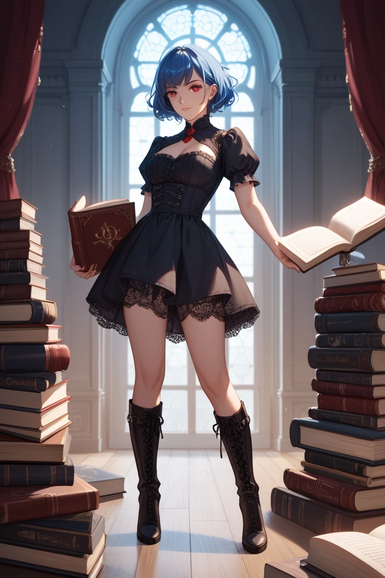 (8k, masterpiece, best quality, ultra detailed: 1.5), (Worm's Eye View: 1.3), ((full body composition: 1.3)), (1girl: 1.4), (Japan person), (slender woman: 1.3), floating in the air in an elegant posture, (beautiful realistic gentle face), highly detailed eyes and face, brown pupils, realistic pupilsA sheer white blouse, bare shoulders, delicate and sexy collarbones, large cleavage, (A sheer white pleated skirt so short that you can almost see the panties), thin waistline, (with large elaborate ornaments), ( The Magic Library with countless books floating in the air in a mess: 1.3), evening,