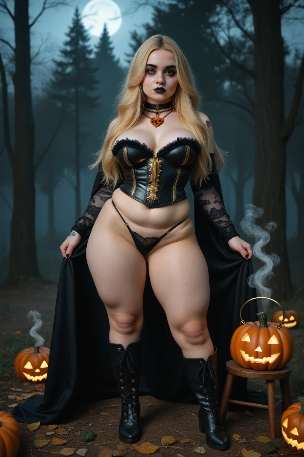 Hilary duff as a dark necromancer she has large saggy tits and a small waist and toned abs sexy tapered hips strong sexy squishy thighs a nice ample tear shaped round ass, wrapped in roots and thorns wearing very revealing clothing sexy torn witch wiccan outfit ,(pale gray colored eyes)