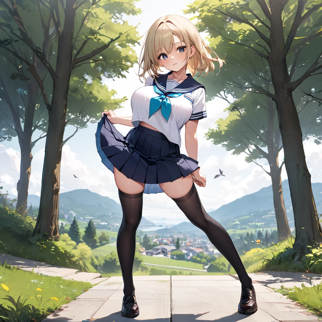 takashi takeuchi、Tsukihime、Warden Brunestad、女の子1人、Ahoge、a blond、a miniskirt、(Blue skirt)、red eyes、short-hair、skirt by the、Smile with open mouth、(独奏)、White sweater、(White turtleneck)、((​masterpiece))、Black pantyhose、(black thighhighs:1.3)、(Skirt lift:1.3), (White panty:1.3)、(Skirt that rolls up:1.3)、(Fully exposed panties:1.5)、outside of house、plein air、blue-sky
