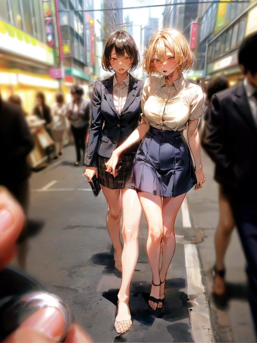 ((High resolution)), ((Lighting and color)), ((masterpiece)), ((Blue eyes)), Young woman with blue eyes., Straight blonde hair, The wind blew it away and it got a little messy., Standing lightly on a bustling city street. She wears a loose-fitting white business shirt that accentuates her natural elegance.。.., Pair with a black tight skirt for a business look。.. She is in a delicate pose, A cute, sparkling smile, A loving smile, tilt your body slightly. Modern skyscrapers are mixed in the background.., Quaint café, Bustling pedestrians. The soft sunlight gently illuminates your face.., In the hustle and bustle of the city、Give off a warm glow、Emphasize your presence。."