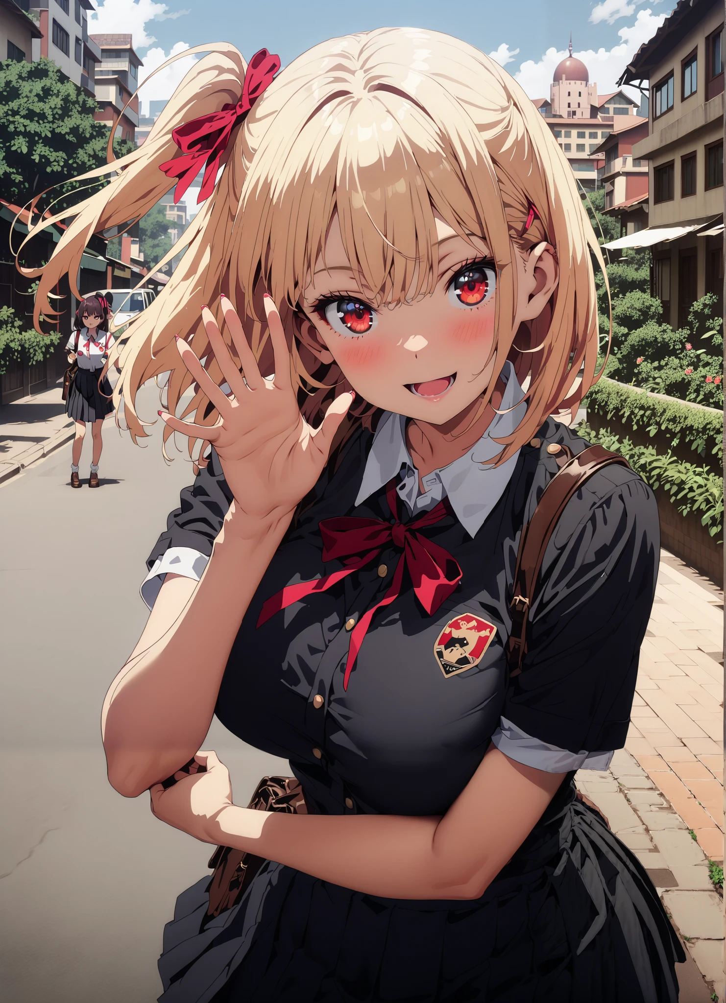 Nishiki Shiho , Nishiki Castle Senri, short hair, bangs, blond hair, red eyes, hair ribbon, One Side Up, bob cut,Big Breasts,Chest, gal,smile,blush,opens her mouth, collared shirt,Short sleeve,school bag , Black Mini Pleated Skirt , loose socks , loafers,standing,building,noon,full bodyがイラストに入るように,
break outdoors, City,
break looking at viewer,full body,
break (masterpiece:1.2),Highest quality , kampala, Unity 8K Wallpaper ,(shape:0.8),( fine, beautiful eyes :1.6),It's a person ,full body写真,CG Details , ( perfect hands, complete anatomy),