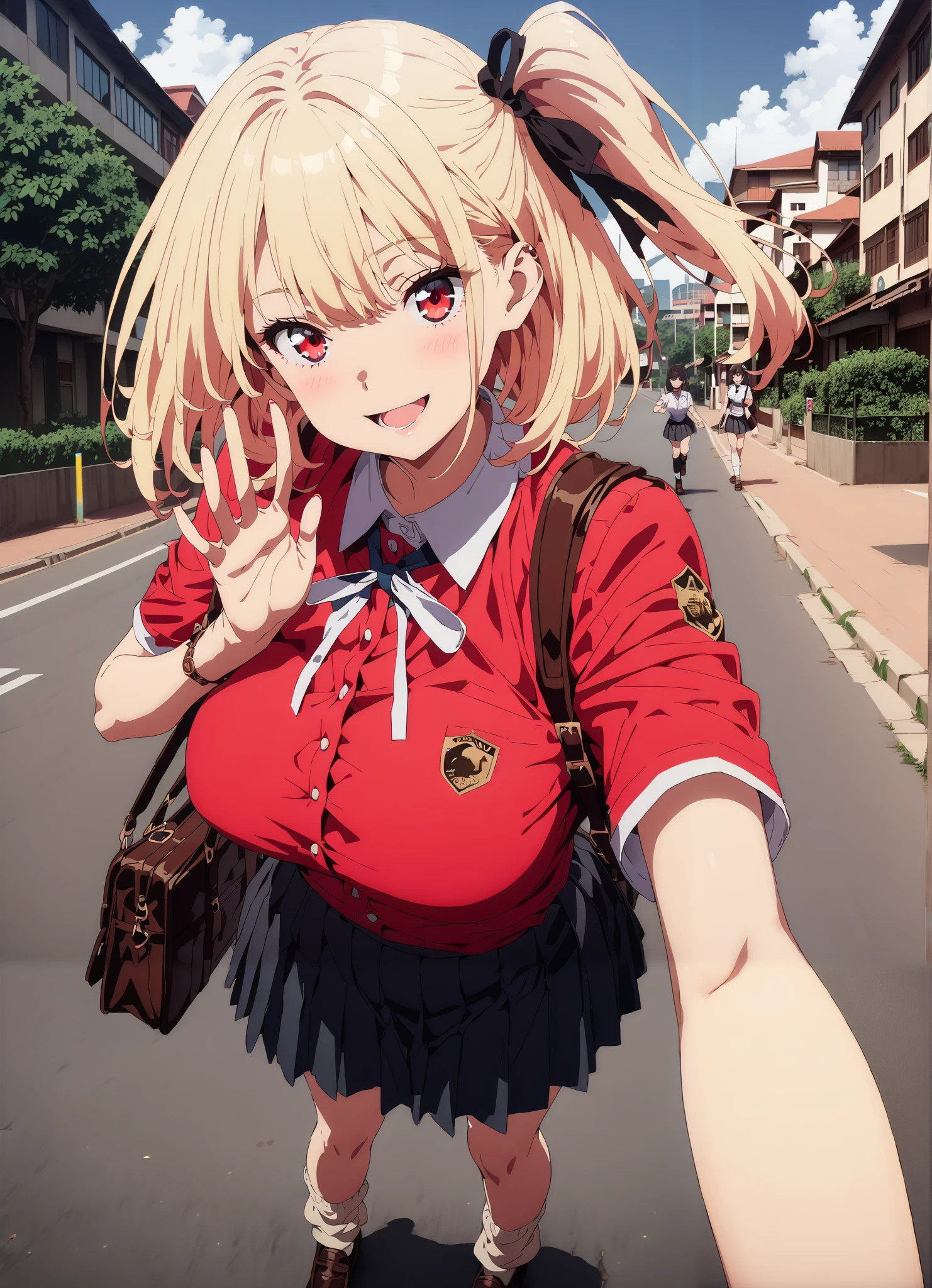 Nishiki Shiho , Nishiki Castle Senri, short hair, bangs, blond hair, red eyes, hair ribbon, One Side Up, bob cut,Big Breasts,Chest, gal,smile,blush,opens her mouth, collared shirt,Short sleeve,school bag , Black Mini Pleated Skirt , loose socks , loafers,standing,building,noon,full bodyがイラストに入るように,
break outdoors, City,
break looking at viewer,full body,
break (masterpiece:1.2),Highest quality , kampala, Unity 8K Wallpaper ,(shape:0.8),( fine, beautiful eyes :1.6),It's a person ,full body写真,CG Details , ( perfect hands, complete anatomy),