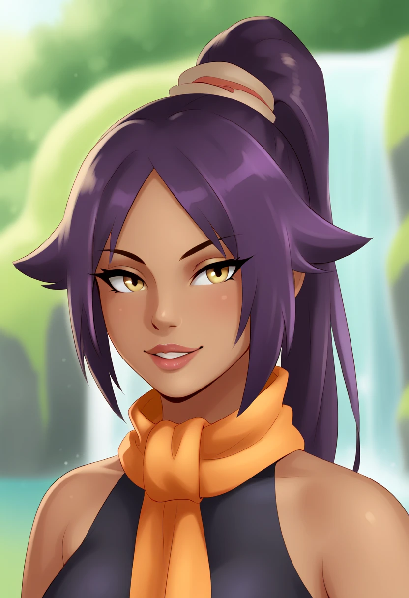 1 girl, Sombra from overwatch, (dark skinned:1.3), naked, medium breasts, sweating a lot, black eyes, upper body, confident, looking at viewer, condom in mouth, forest background, evil smile, horny eyes