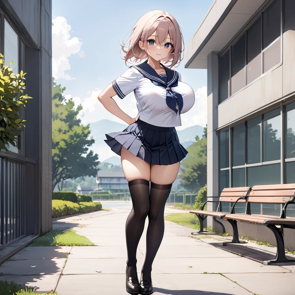(White long sleeve collared shirt:1.1), (Huge breasts:1.2), Modern Japan, School rooftop, smile, (Very short pleated mini skirt:1.4), Knee, Thighs, , (Black blazer:1.3), Short Hair, (miyabi_face:1.2), Short Hair,, Silver Hair