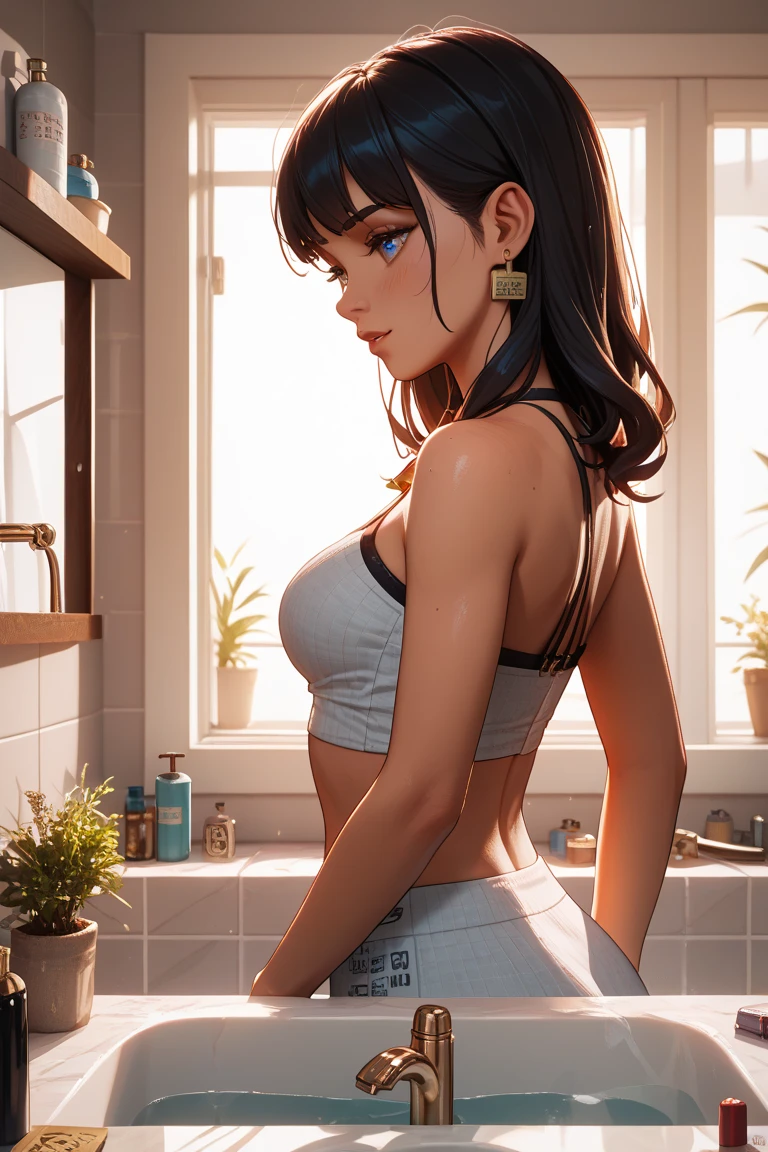Highest quality,Highest Resolution,4K quality,Smiling woman in black underwear in the bathroom,Sweating profusely,Drink a drink,Black hair ponytail,whole body,