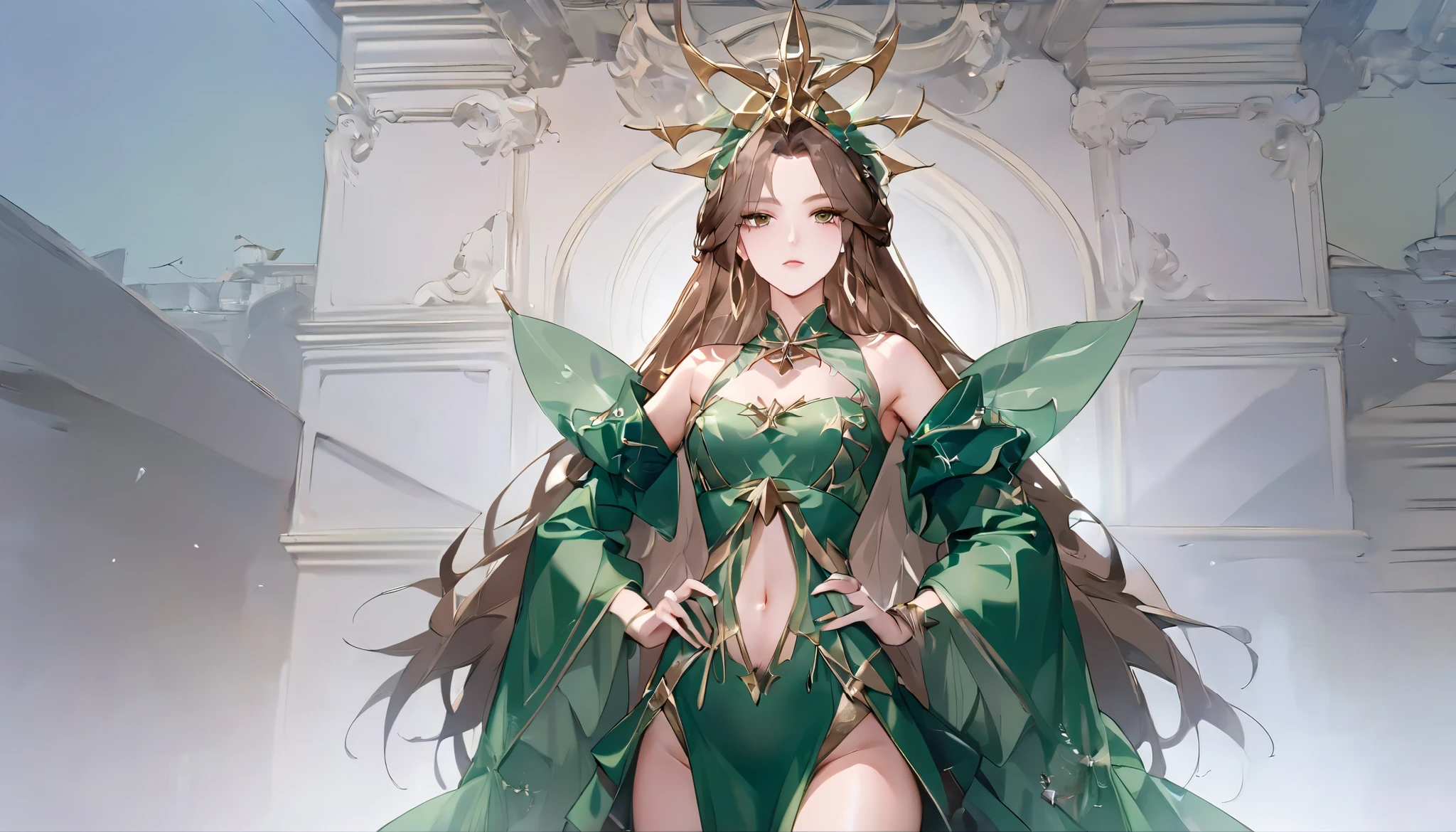 ((Best quality, 8k, Masterpiece: 1.3)),(high detailed face, high detailed eye), super detail, Sharp focus A beautiful woman, Slim abdomen, Fashion shows, runway, catwalk, supermodel, glittering costume, luxurious costume, green dress, Paris Fashion Week, brown hair, long hair, looking at viewer, put her hands on her hips and take a pose