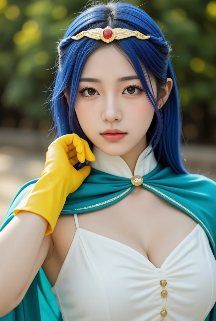masterpiece、1 beautiful girl、fine eyes、Smile、puffy eyes、highest quality, 超High resolution, (reality: 1.4), movie lighting、Japanese、asian beauty、Korean、super beautiful、beautiful skin、body facing forward、close up of face、upper body close-up,(Ultra-realistic)、(High resolution)、(8k)、(very detailed)、(Beautiful and fine eyes)、(Super detailed)、 (wall-)、detailed face、bright lighting、professional lighting、looking at the viewer、look straight ahead、slanted bangs、Bright light blue hair、Nogizaka Idol、20-year-old、masterpiece, highest quality, Super detailed, shape, sage_(DQ3),long hair, blue hair, circlet, red eyes,small breasts, yellow gloves, white dress, belt, cape, boots,Exposing her breasts
