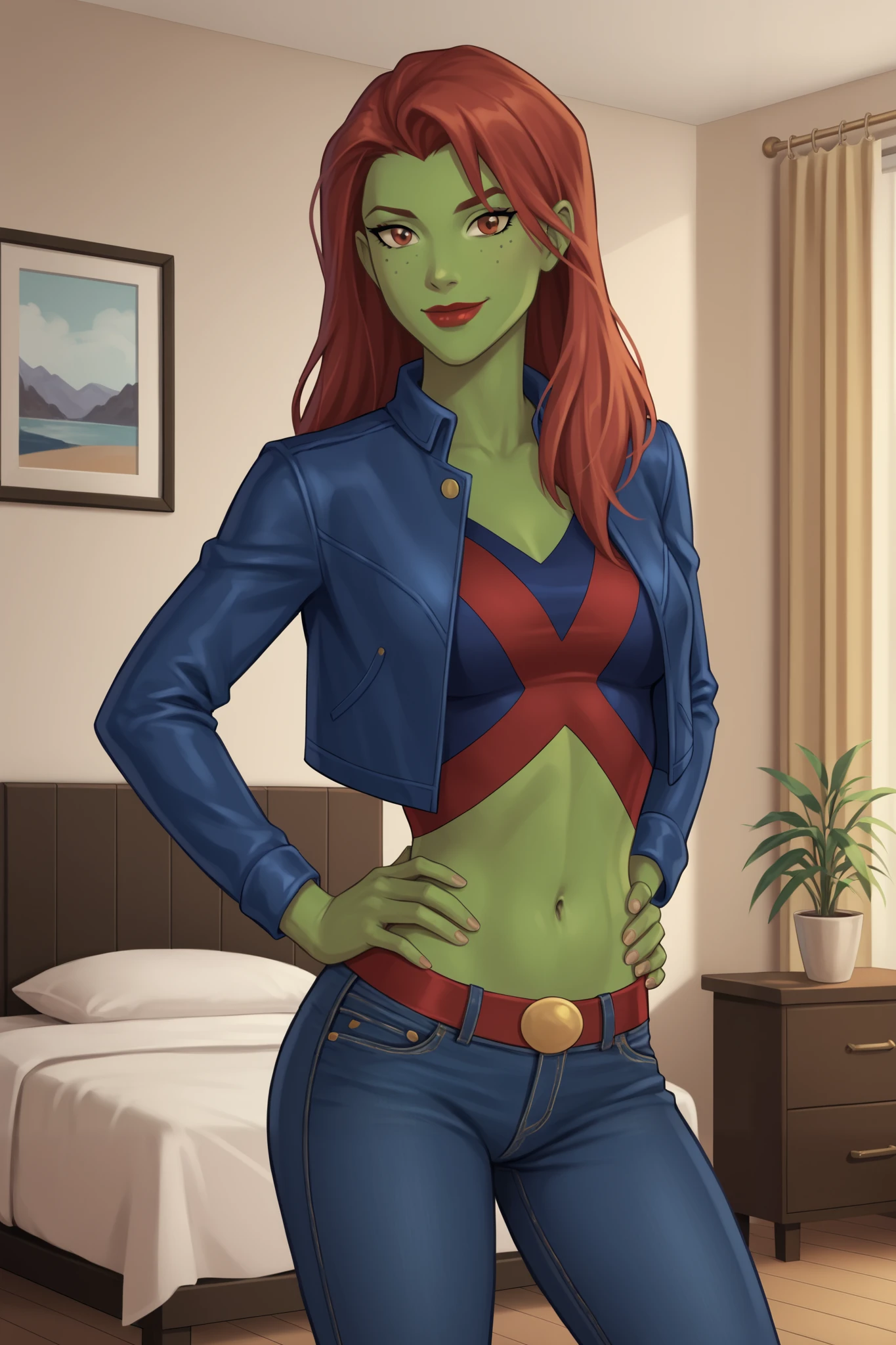 PonyXLV6_Scores BREAK (perfect anatomy, perfect eyes), BREAK mgann morzz, long hair, red hair, colored skin, green skin, freckles, brown eyes, makeup, red lipstick, ((looking at viewer)), superhero, dark blue crop top, dark blue jeans, dark blue leather jacket, curvy, athletic, standing, indoors, smiling, closed mouth, bedroom, confident expression, open jacket, hands on hips 