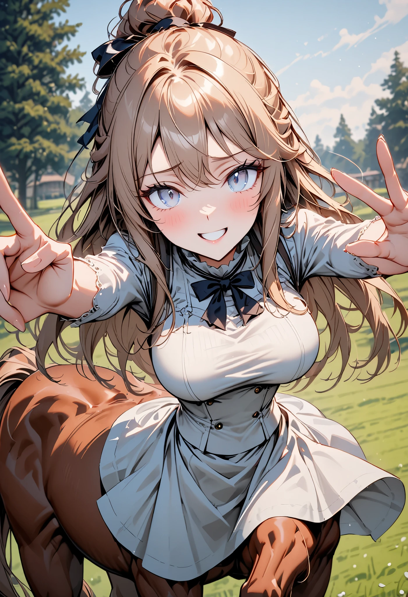 solo, solo, female, centaur, , thin waist, shy, intelligent, student, Chestnut brown fur, cherry blonde hair and tail, gentle, smile, rural estate, wealthy, close up, horse body, horse legs, centaur, centaur, Victorian, centaur girl, very tall, long straight hair, tied hair, white sundress, simple dress, close up, wide smile, action pose, cute, adoring eyes, greyish blue eyes