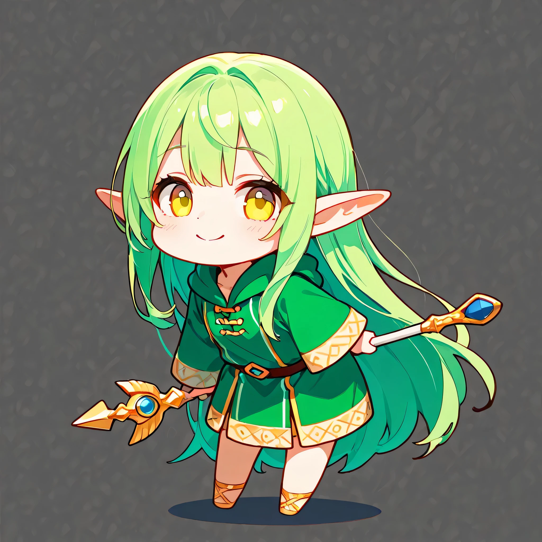 Draw only one character in the image. best quality, Alone, フラット color, color, chibi , A chibi-style, two-heads-tall girl with pointed ears and long green hair. She is elf. She is wearing a green short robe adorned with magical patterns She has a bow and arrow. She is standing in a cute and confident pose, facing forward with a big, cheerful smile. The background is a plain yellow, making her the central focus of the image7