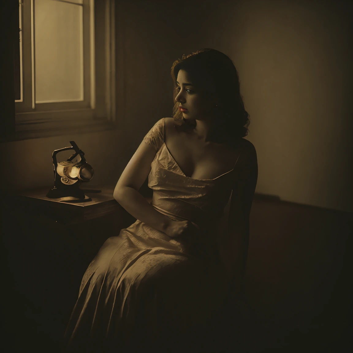 In the signature style of "ai Jonas," where every image resonates with a profound sense of nostalgia and intimate beauty, this acrylic painting captures a moment frozen in the sultry allure of 1994. The scene depicts a voluptuous woman, her lush endowments accentuated by the soft, warm tones of the acrylic medium. She is seated in a cozy, dimly lit room that exudes the aesthetic of the mid-90s—velvet drapes, floral-patterned wallpaper, and a vintage rotary phone resting on a wooden side table. Her gaze is captivating, a blend of mystery and seduction, inviting the viewer to ponder her story. The light filters through a nearby window, casting a golden glow that highlights her curves and adds depth to the rich textures of the painting. The subtle play of light and shadow on her form and the surrounding room creates an atmosphere thick with nostalgia and longing. This painting, with its meticulous detail and evocative use of color, captures the essence of a bygone era and the timeless allure of its subject. It tells a story of beauty, desire, and the quiet moments that linger in memory. The viewer is invited to step into this intimate scene, to feel the warmth of the room, the softness of the light, and the lingering echo of the past, all captured in the nostalgic embrace of 1994.