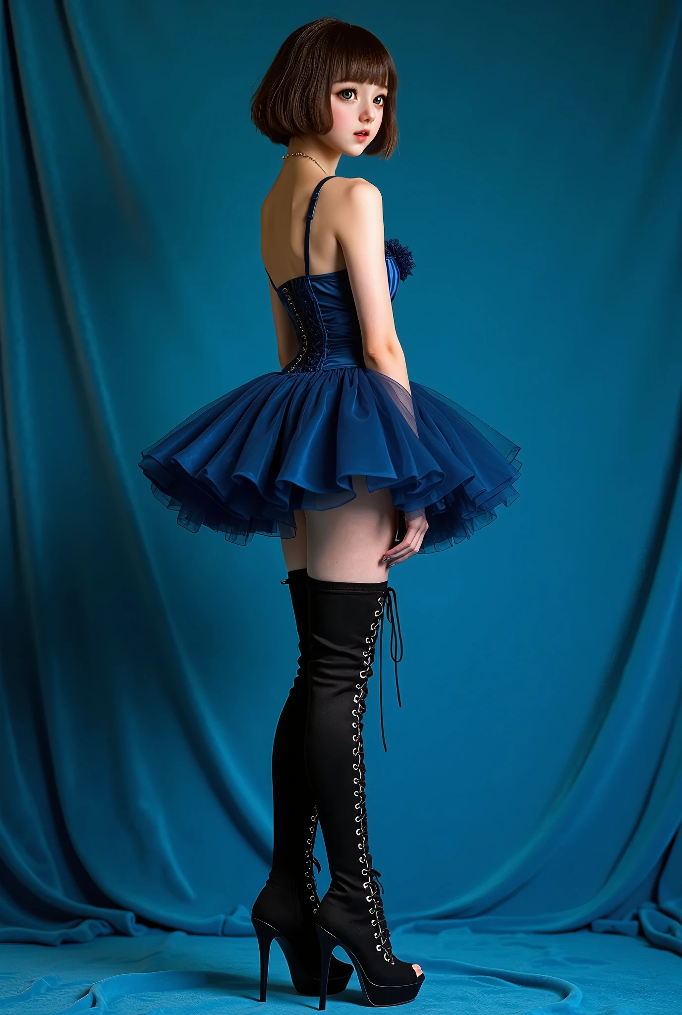 masterpiece, reality, 4k, (medium full shot) of (ravishing harlot) young woman, french, pale skin, hazel eyes, full-figured build, short brown bun hair, wearing a royal blue satin cocktail dress with daring details, fishnet stockings, platform heels, bracelet with charms, smoky eye shadow, lace gloves, set in a shadowy alley, with dim lighting, graffiti on the walls, and a mysterious, intriguing vibe, in neon light, woman smiling