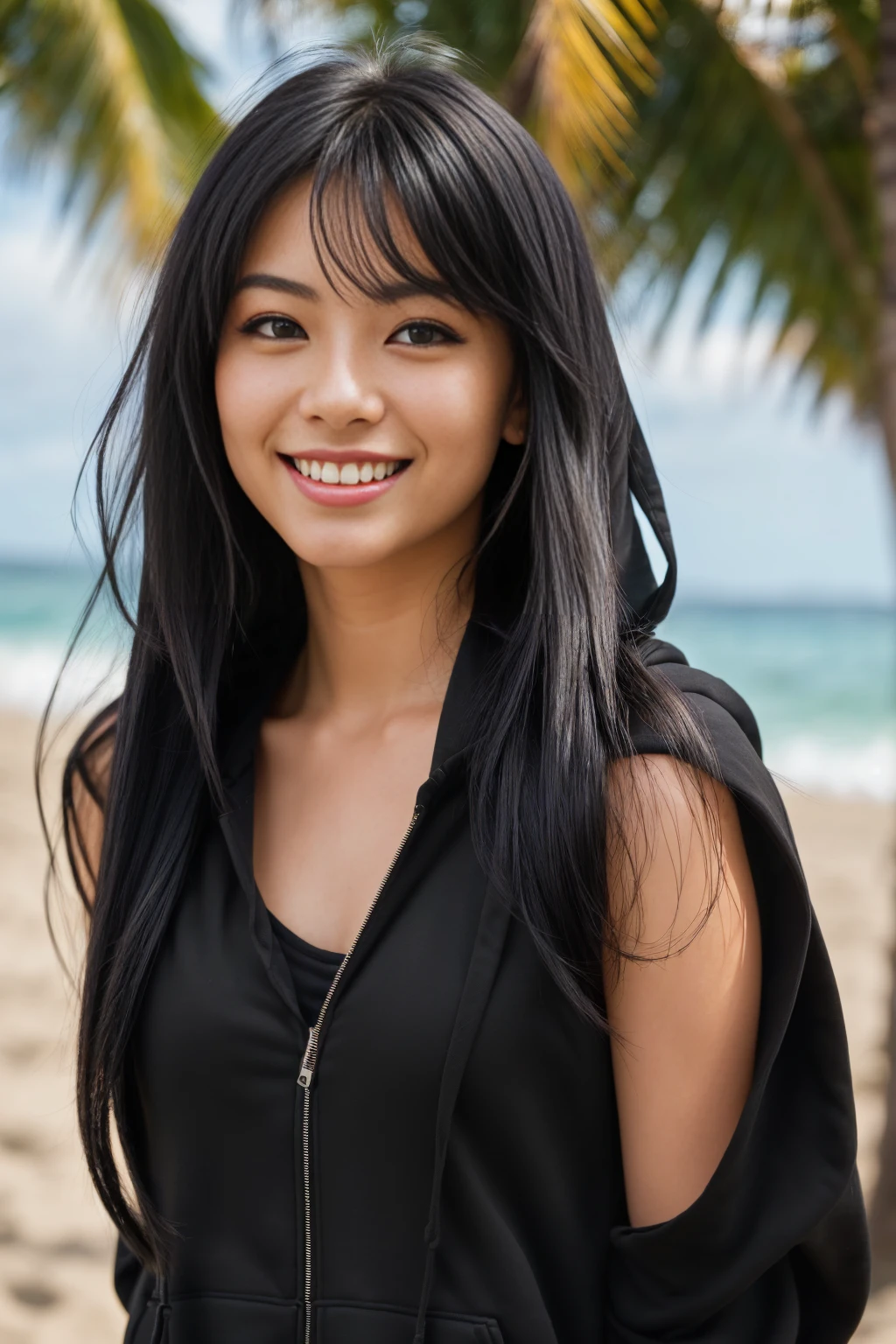 arafed naked woman with long black hair with deep red highlights on the beach, flowing black hair, with black hair, photo of a beautiful woman, long flowing black hair, black golden hair, curly black hair, beautiful young asian woman, beautiful asian woman, wild ginger hair, black wispy hair, light black hair, a young asian woman, an asian woman, infp young woman, Portrait photo of a 24-year-old french girl in RAW UHD format (Brown-eyed woman), Details (textures! , Hair! , glistering, Color!! , imperfections: 1.1), DSLR Lighting, SLR camera, Ultra-Quality, sharpness, Film grain (Downtown), Fujifilm XT3, Crystal clear, Frame Center, beatiful face, ((sharp-focus)), bokeh (lit), day time, (open sky), detailed skin pores, oilly skin, suntan, Complex eye details, beautiful face, (((smiling))), egyptian style ((unzipped red hoodie)), nsfw, ((hands in pocket)), , (((ultra sharp image))), ((navel)), (perfect proportions),