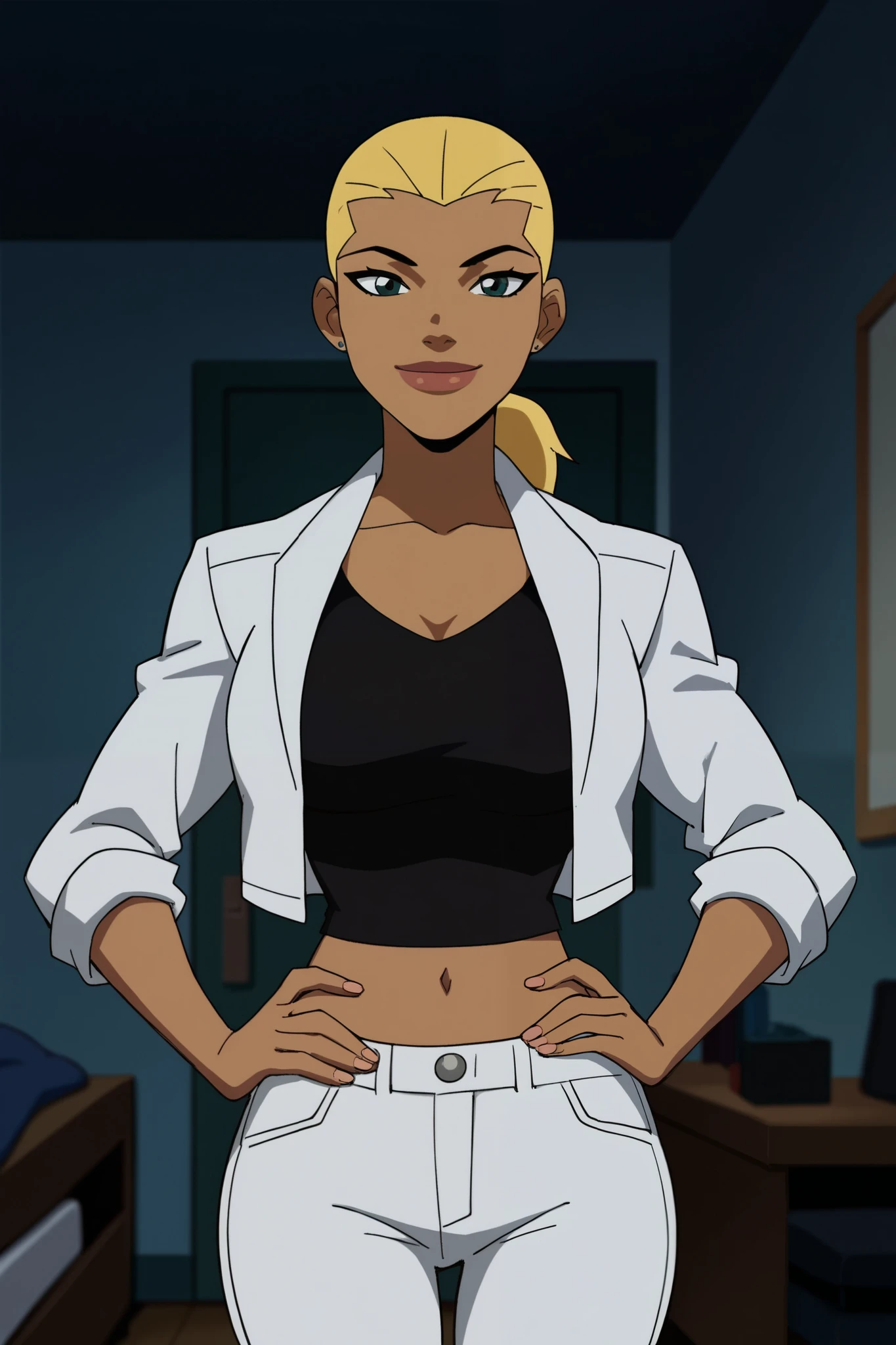 score_9, score_8_up, score_7_up, source_cartoon,artemis, blonde hair, ponytail, big lips, dark skin, , black crop top, white jeans, white leather jacket, BREAK standing, smile, closed mouth, confident expression, looking at viewer, solo, front view, face focus, indoors, bedroom, best quality, high quality, open jacket, long sleeve, hands on  