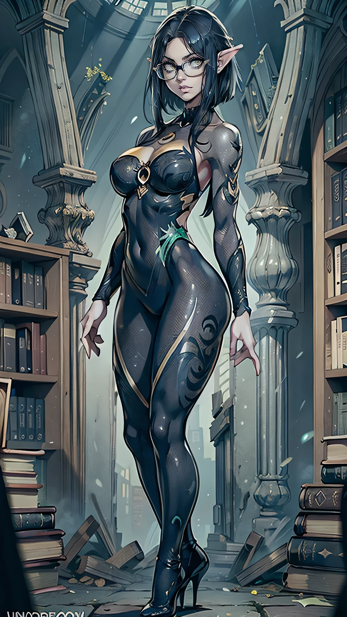((best quality)), ((masterpiece)), (perfect face), (detailed), damaged destroyed radioactive laboratory, broken glass on floor, (large cylindrical containment glass broken open centered in background), detailed realistic face, (tall muscular nerdy dark-skinned Haitian scientist woman with long braided hair, small breasts, full lips, round nose, glowing amulet necklace, golden jeweled armlets, standing concerned, violet iridescent slimy alien symbiote taking over lower body and arms, concern, left side of frame), small slime symbiote sliding around floor, fumes and smoke along ceiling, (large Cannabis indica plants in clear sci-fi container with fumes escaping), in style of Marvel comics