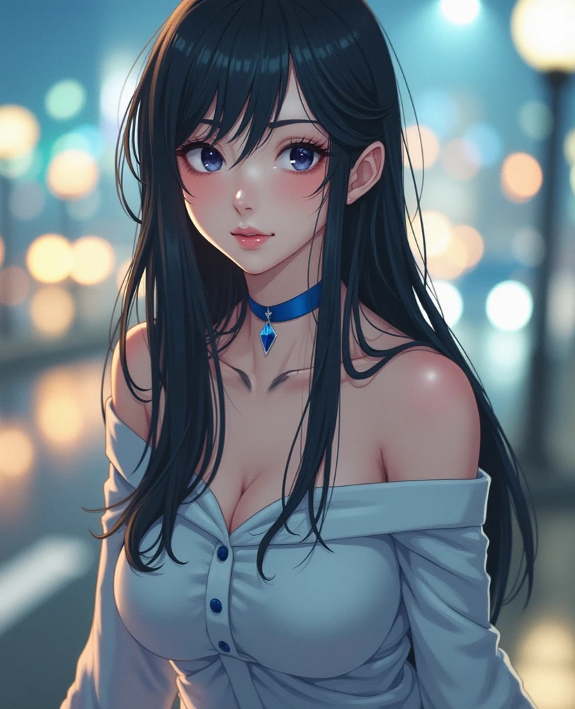 (best quality, ultra-detailed, photorealistic: 1.39), bright and vibrant colors, studio lighting, romantic expression, An effeminate girl, with a delicate and beautiful face. She is a girl who reflects seductive beauty, sparkling eyes, A Beautiful and adult woman and voluminous curly black hair, hair clip, crying a seductive 2 woman with big breasts seduces, matches the gothic makeup, with her large breasts seduces, Turtleneck sweater, white wool, sleeveless, beautiful sweater dress, sitting, with beautiful legs, ankle boots, with her blue eyes that matches her soft smile, black gothic style, in a beautiful pose demonstrating her seduction on the in the park at night, beautiful event gothic style decoration with lights and fireworks, night with soft lighting, anime style, like a manwha character