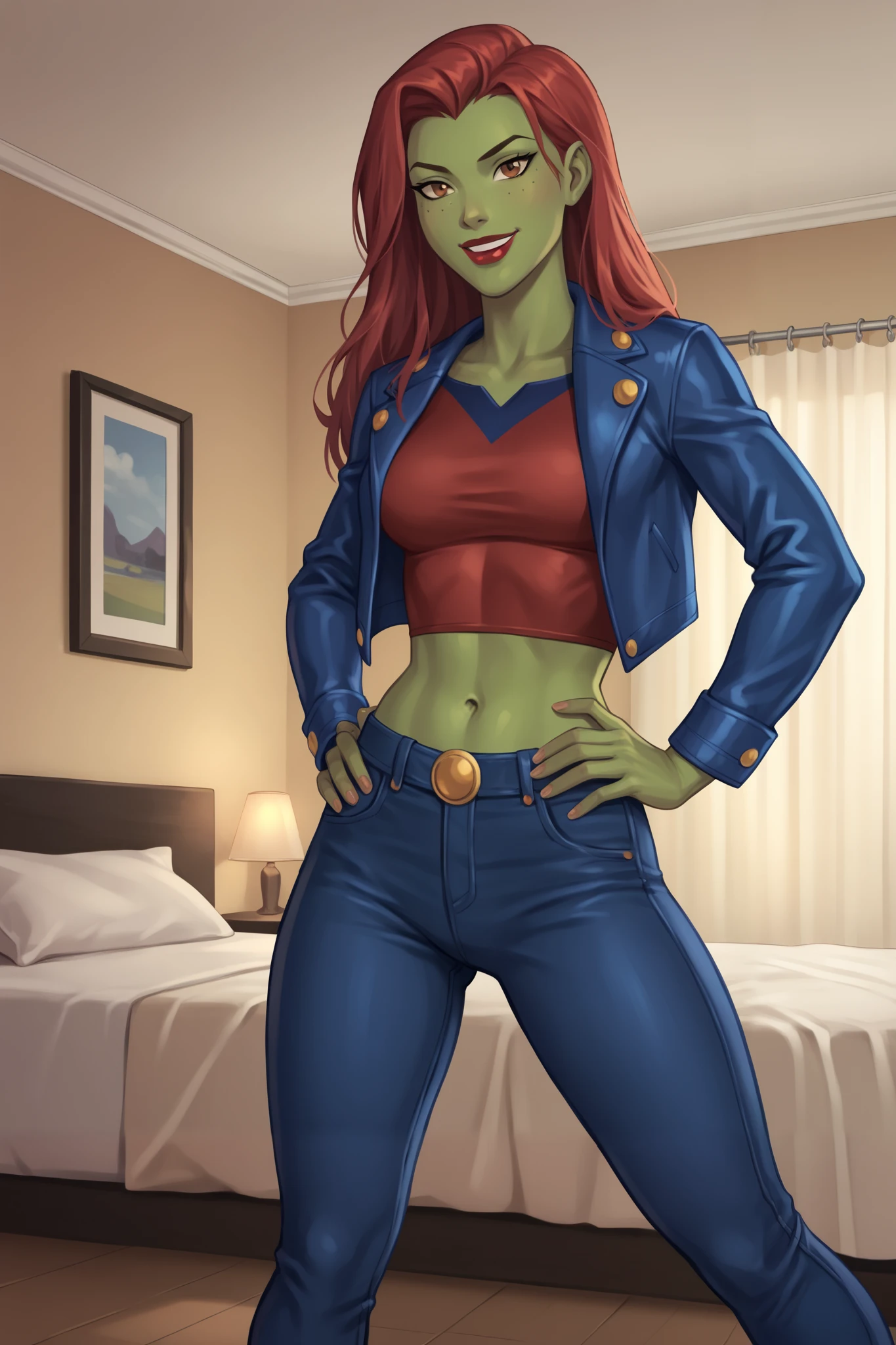 PonyXLV6_Scores BREAK (perfect anatomy, perfect eyes), BREAK mgann morzz, long hair, red hair, colored skin, green skin, freckles, brown eyes, makeup, bright red lipstick, ((looking at viewer)), superhero, dark blue crop top, dark blue jeans, dark blue leather jacket, curvy, athletic, standing, indoors, smile, bedroom, confident expression, open jacket, hands on hips