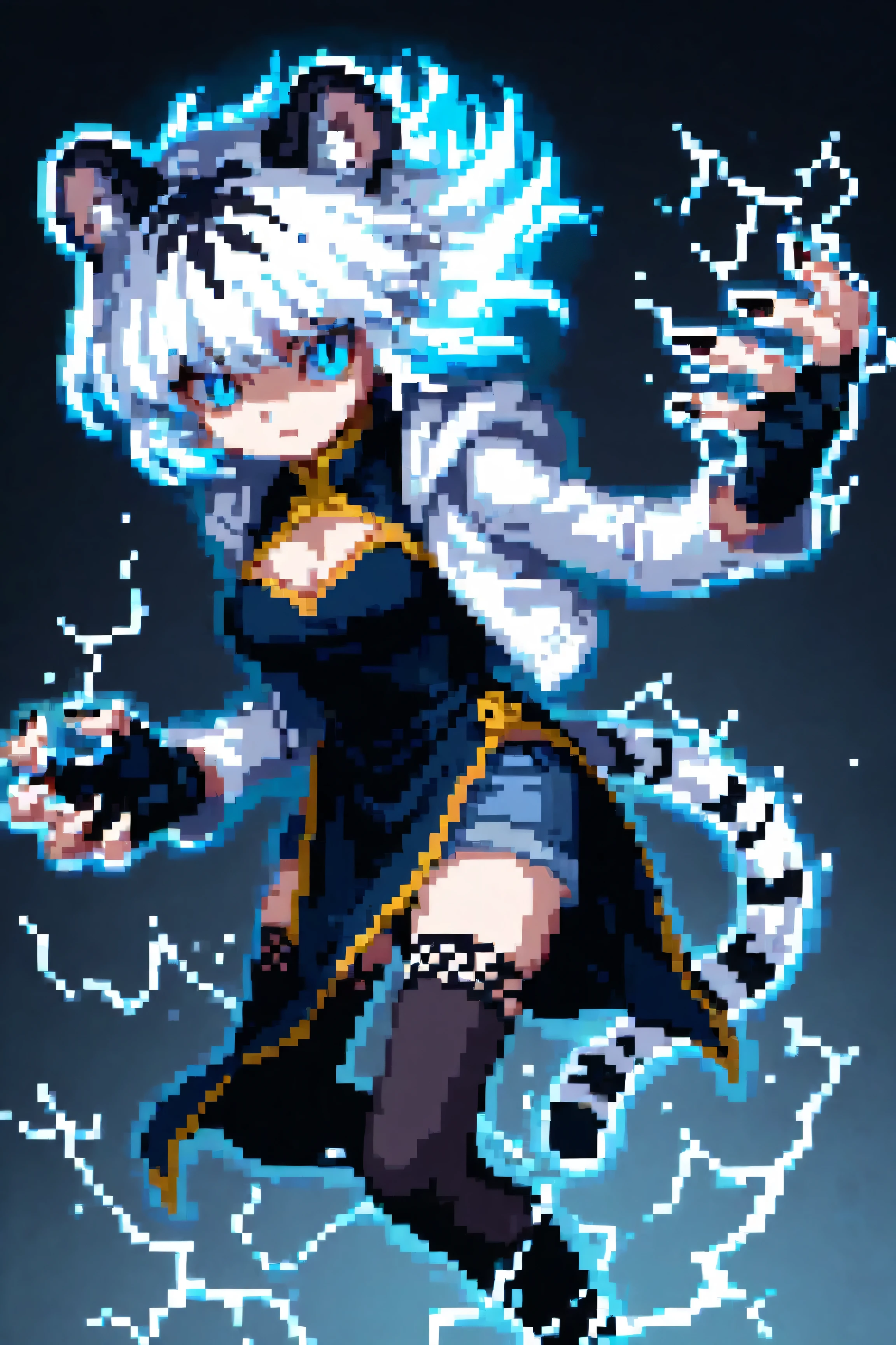 1girl, animal ear fluff, animal ears, aura, black dress, black gloves, black nails, black thighhighs, blue eyes, blue shorts, breasts, china dress, chinese clothes, claws, cleavage, closed mouth, denim, dress, electricity, electrokinesis, fighting stance, fingerless gloves, floating hair, gloves, glowing eyes, glowing hair, hood, hood down, hooded jacket, long sleeves, looking at viewer, medium breasts, nen (hunter x hunter), open jacket, pelvic curtain, short hair, shorts, sleeveless dress, slit pupils, solo, standing, tail, thighhighs, tiger ears, tiger girl, tiger tail, white hair, white jacket,