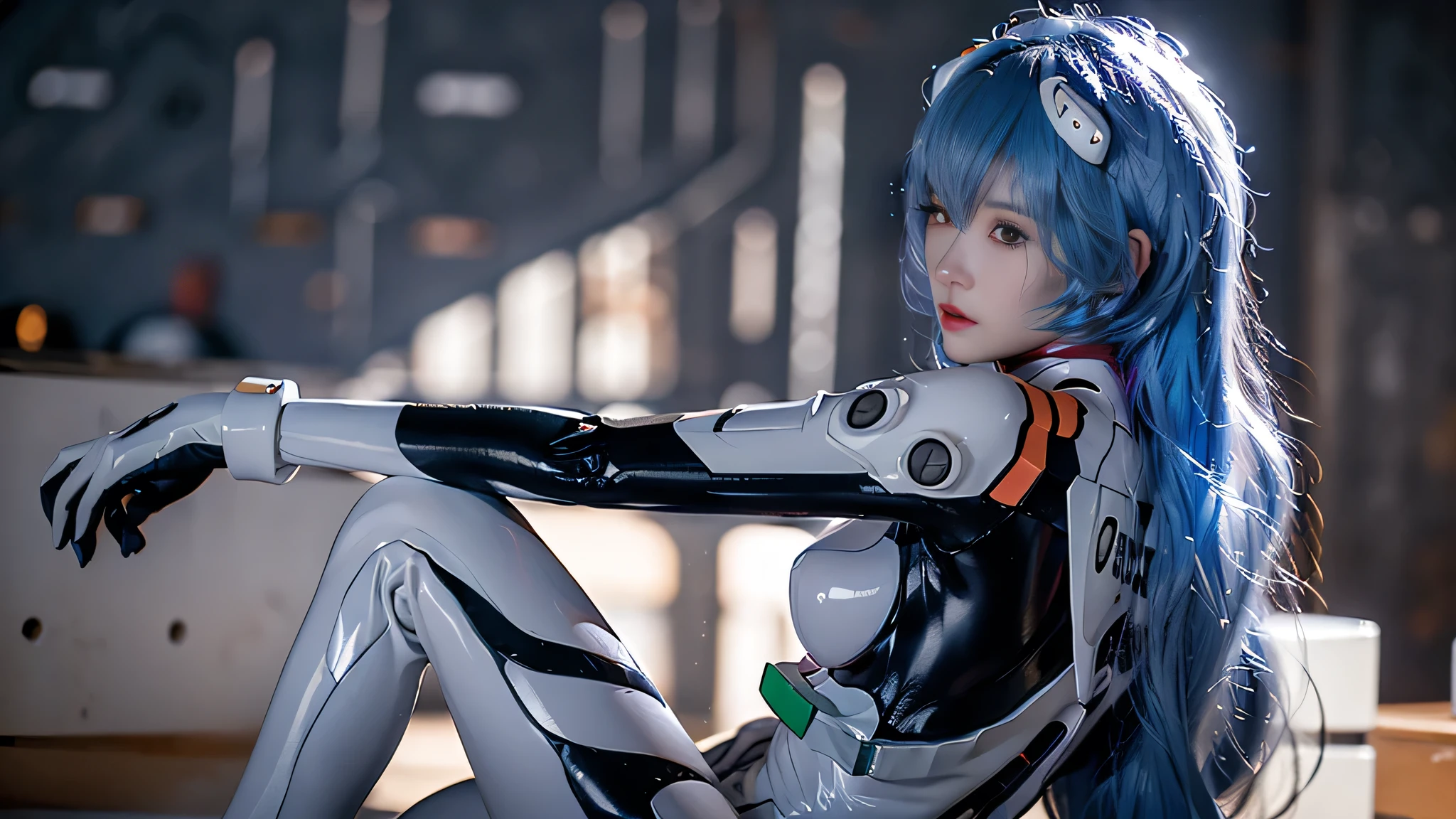 (8k, RAW photo, highest quality, refined details, masterpiece: 1.2), (high-resolution 8K wallpaper), sharp focus, professional lighting, depth of field, cinematic lighting, blurred background, Evangelion Rei Ayanami, a Japanese woman with blue hair, red eyes, wearing a white plug suit. She stands out with a cool appearance, futuristic background, and realistic style. The character is facing the viewer directly, creating a striking and engaging gaze. Quiet, sci-fi atmosphere, full-body, dynamic 16:9 aspect ratio, perfect composition, cinematic framing, detailed plug suit, glowing accents, smooth transitions between focus and background.