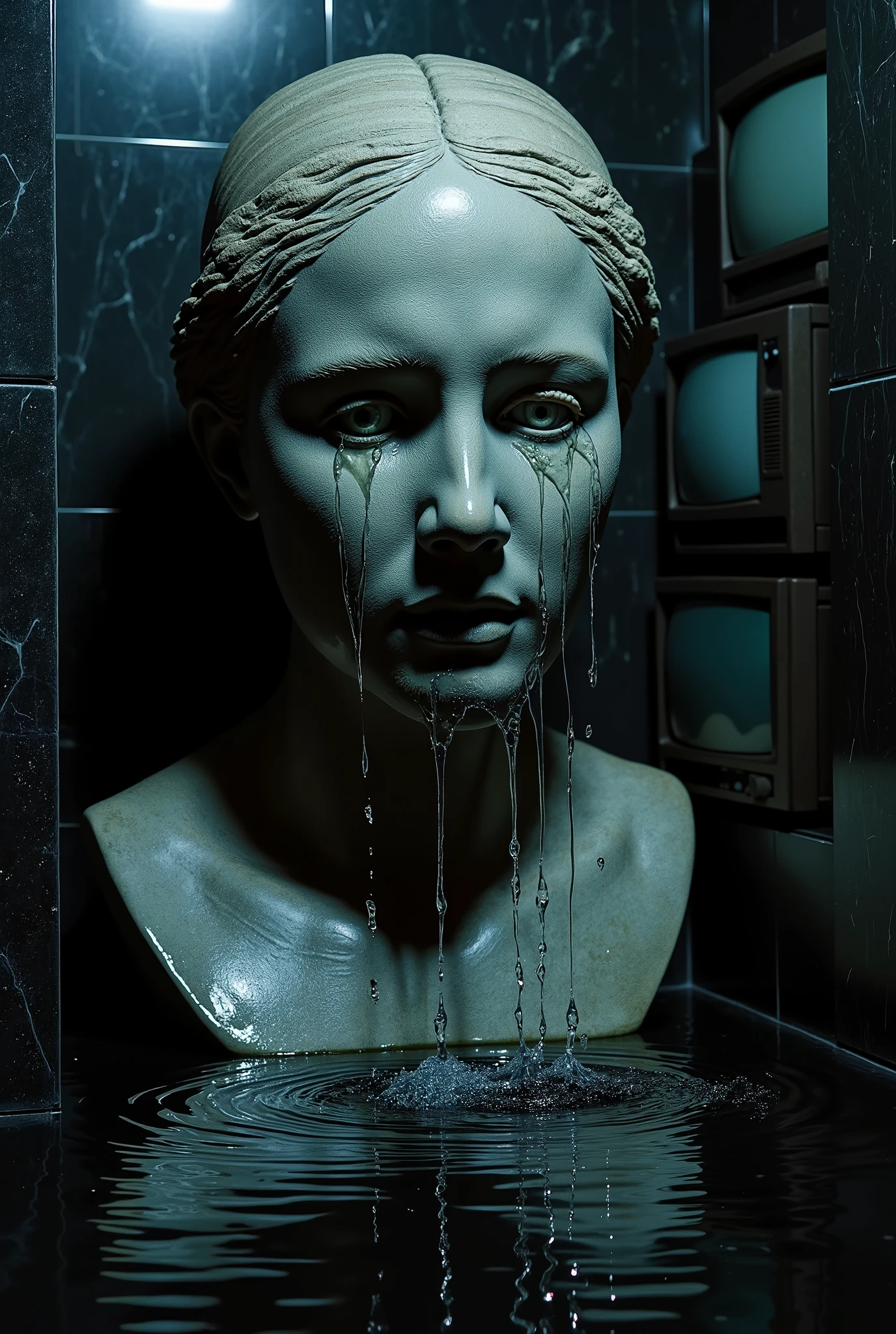 A **colossal stone statue of a woman’s head dominates the dark black marble penthouse, her sculpted face frozen in a sorrowful, silent expression**.
From her **hollow, vacant eyes, twin streams of water pour endlessly, cascading down her smooth, chiseled cheeks like eternal tears**, the **flow unbroken, pooling into the deep flood beneath her, sending ripples across the glossy black marble floor**.
The **streams of water emerge directly from the carved tear ducts, precise and deliberate, their movement the only sign of life in the otherwise still, eerie space**. As the **tears fall, they catch faint glimmers of dim ambient light**, creating a shimmering effect that contrasts with the statue’s **cold, lifeless stone**.
The **black marble walls surrounding the statue absorb most of the light, amplifying the contrast between the statue’s carved sorrow and the surreal flood drowning the room**.
CRT televisions, **stacked chaotically against the walls, flicker with distorted VHS footage, their glitching screens reflecting in the shifting water**, adding a **digital layer of distortion to the classical beauty of the statue**.
The **sound of flowing water is constant, hypnotic, blending with the faint hum of static from the televisions**, creating an atmosphere that is **both sacred and deeply unsettling**.
The **flooded floor reflects the weeping statue perfectly, but in the rippling water, her image is warped, broken, as if she is drowning in her own sorrow**.
The **scene is haunting, cinematic, and surreal—blending high-fashion psychological horror with gothic elegance, where beauty and tragedy merge into an endless cycle of sorrow carved in stone**.
**Luxury noir surrealism, hyper-detailed stone textures, deep cinematic lighting, psychological horror ambiance, ultra-high resolution, 4K.**