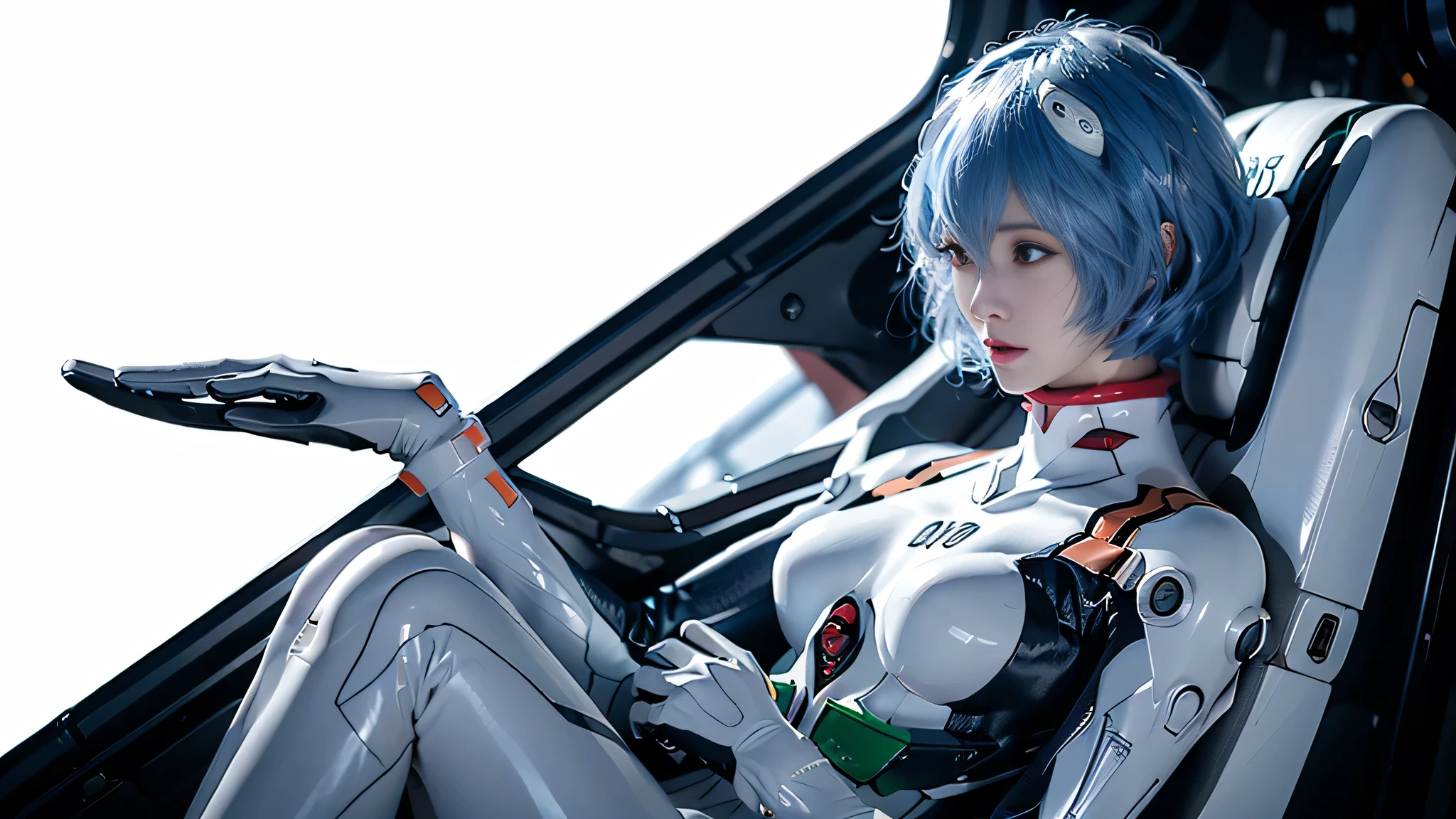 (8k, RAW photos , best quality , refined details , masterpiece: 1.2), ( High Resolution 8K Wallpaper ), sharp concentration, with a chain wrapped around your entire body {x} professional lighting , depth of field, cinematic lighting, blurred background , Evangelion Rei Ayanami. She's a Japanese woman with blue hair , red eyes, white plug suit. features a cool look with her futuristic background and realistic style. Quiet sci-fi vibe , full body,