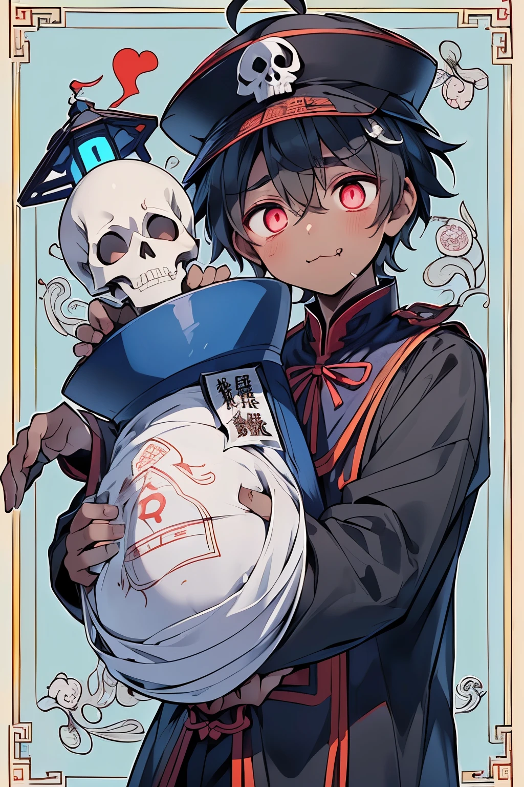 A boy with short hair, bangs that cover the eyes, fluffly, and blushed, de , with a big, baggy sweatshirt with a skull print, wearing short shorts, and an effeminate male body with black, dark blue hair, cor da pele, pale white