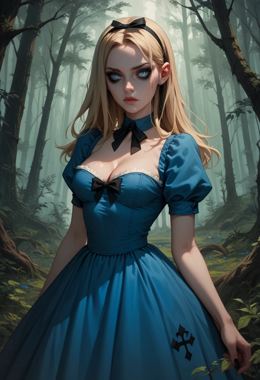Dark Alice in Wonderland, evil, night, forest, mist, high quality, blonde girl, perfect face, cheshire cat, blue dress