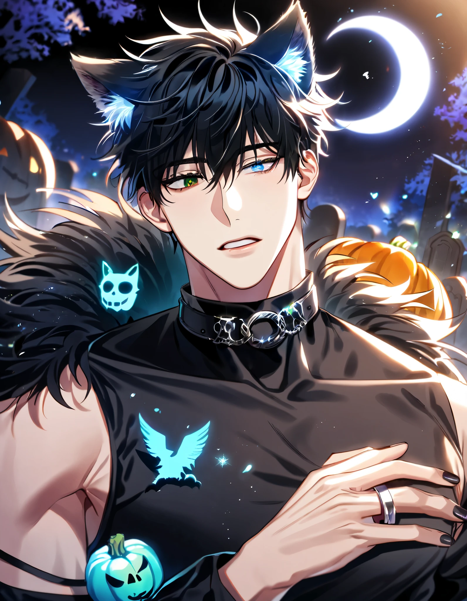 absurdres, highres, ultra detailed, HDR, master piece, best quality, detailed eyes, delicated features, Manhwa Style, Kang Woojin, black hair, messy hair, hair between the eyes, heterochromia, expressive red right eye, expressive green left eye, Love Jinx, solo, sexy man, handsome, sensual, adult face, werewolf, black wolf ears, black wolf tail, black cape with fur, black cropped shirt, detached sleeves, black choker, fancy clothes, silver accessories, black long nails, dark fantasy, magical, forest, cemetery, blue crescent moon, night, blue gleaming pumpkins, blue trees, Halloween, blue glittering fireflies, Jujutsu Kaisen