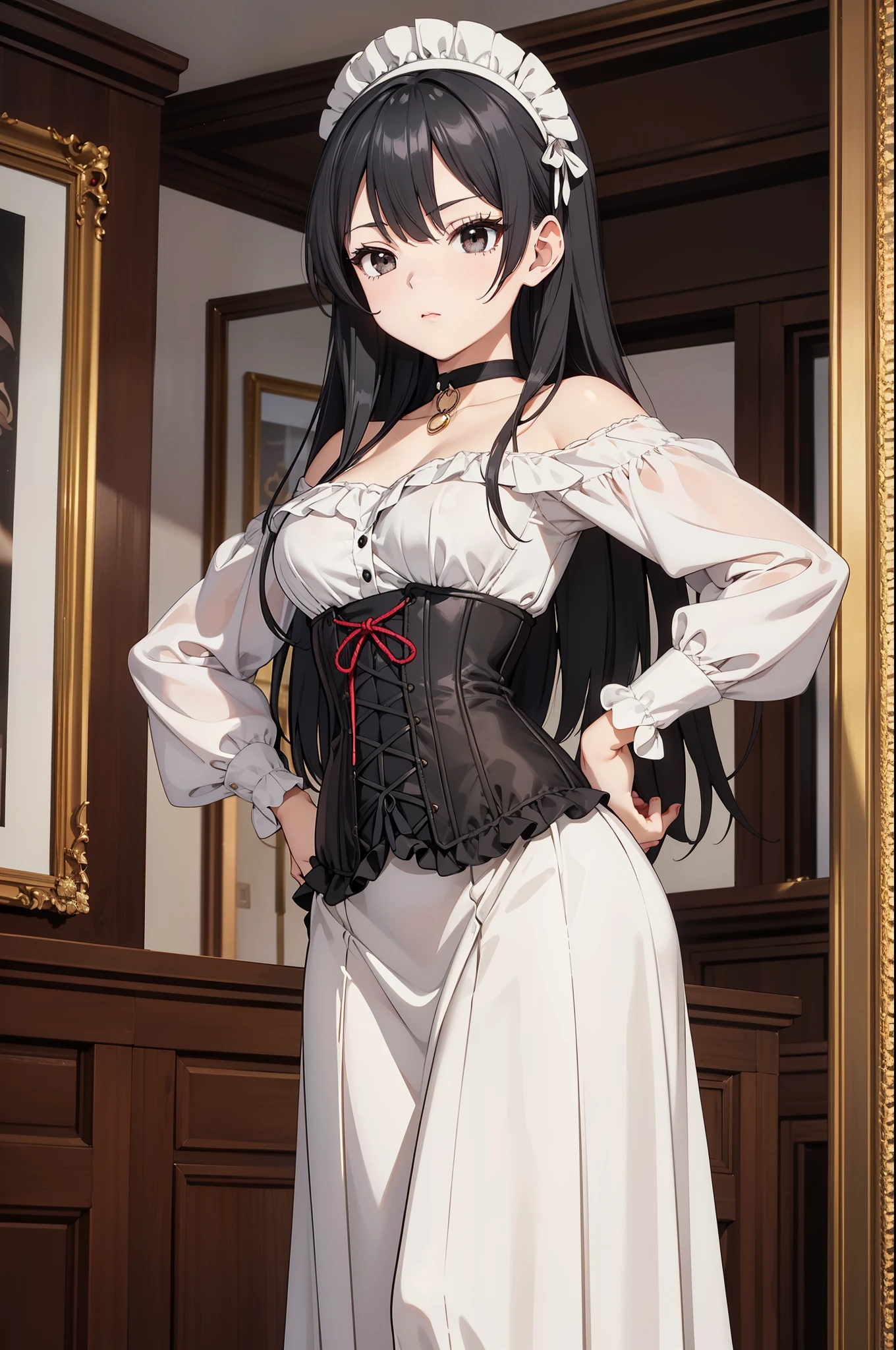 masterpiece, anime style, A young girl, of foot, ( seen from the front ), (( hands on hips)). pretty face, tender look, long black hair, detailed eyes, black eyes, choker : 1.6, ((Victorian style dress in white and red)), corset, (long skirt), self-critical , elegant room, elegant mansion