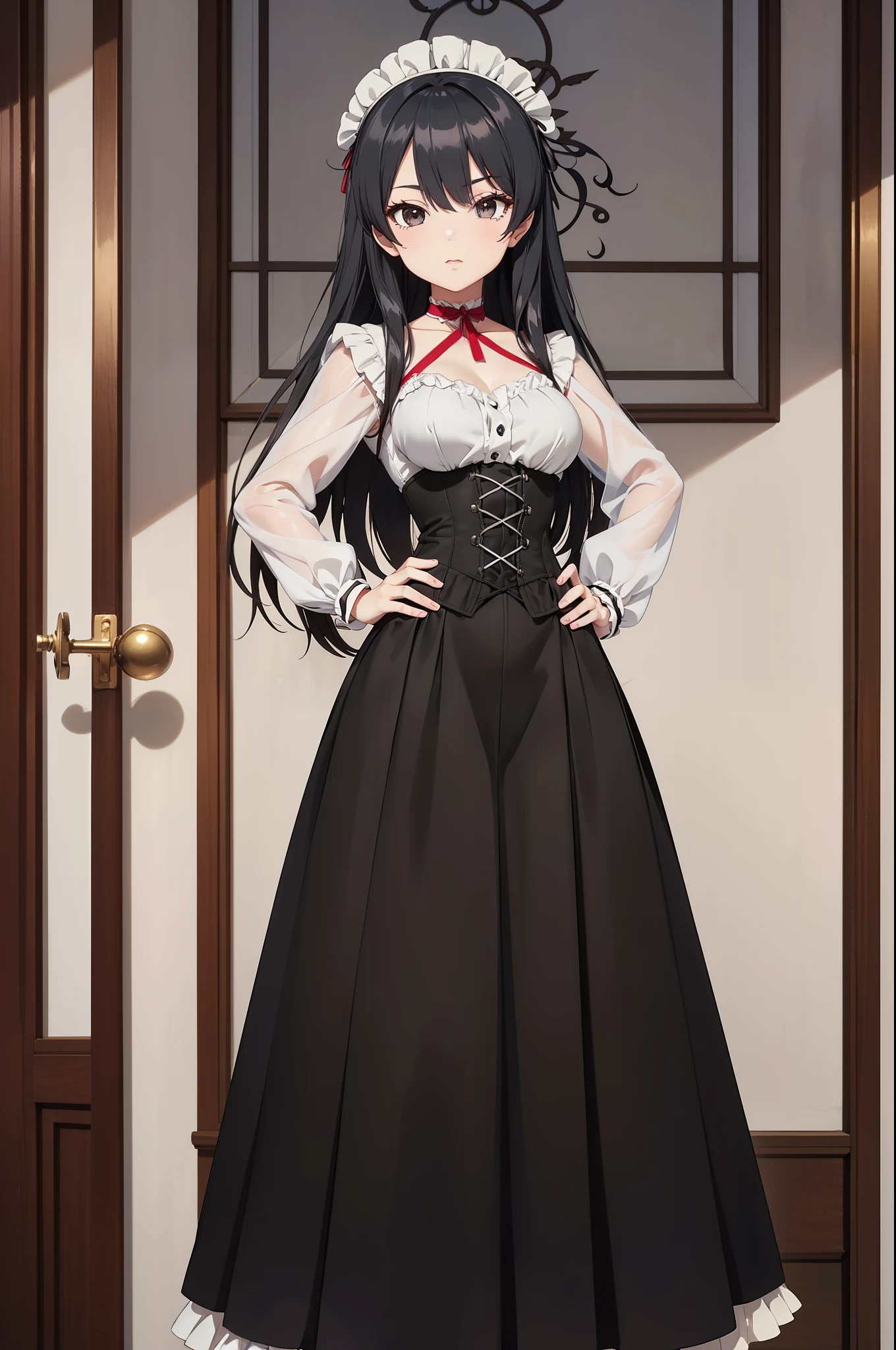 masterpiece, anime style, A young girl, of foot, ( seen from the front ), (( hands on hips)). pretty face, tender look, long black hair, detailed eyes, black eyes, choker : 1.6, ((Victorian style dress in white and red)), corset, (long skirt), self-critical , elegant room, elegant mansion
