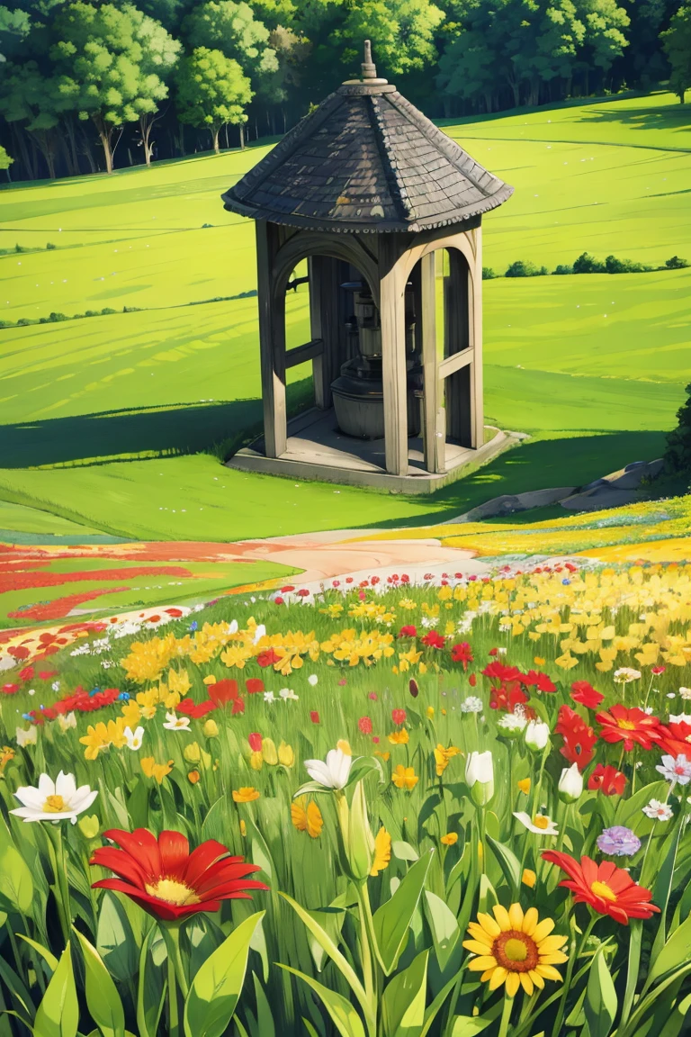 field,  grass,  flowers, a well on the grass