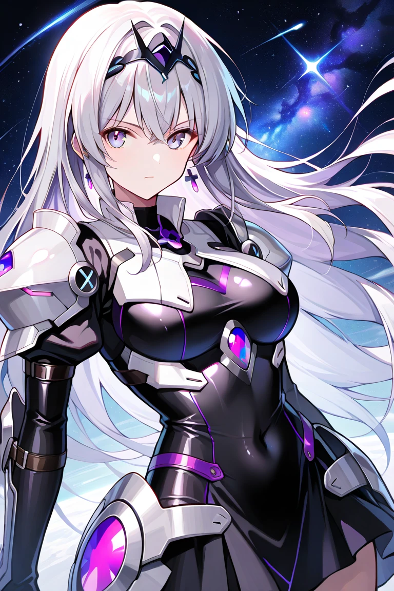 Emilia re:zero, purple eyes, Emilia, crown braid, x hair ornament, flower hair ornament, white hair, long hair, medium breasts, high res, intricate background, galaxy background, nebula, comet, planets, cat woman, 25 years old, white hair, top half shot, black body armor, white cloth covering breasts, black and red tattoos on face and left shoulder, long black jewelry from left ear, black choker