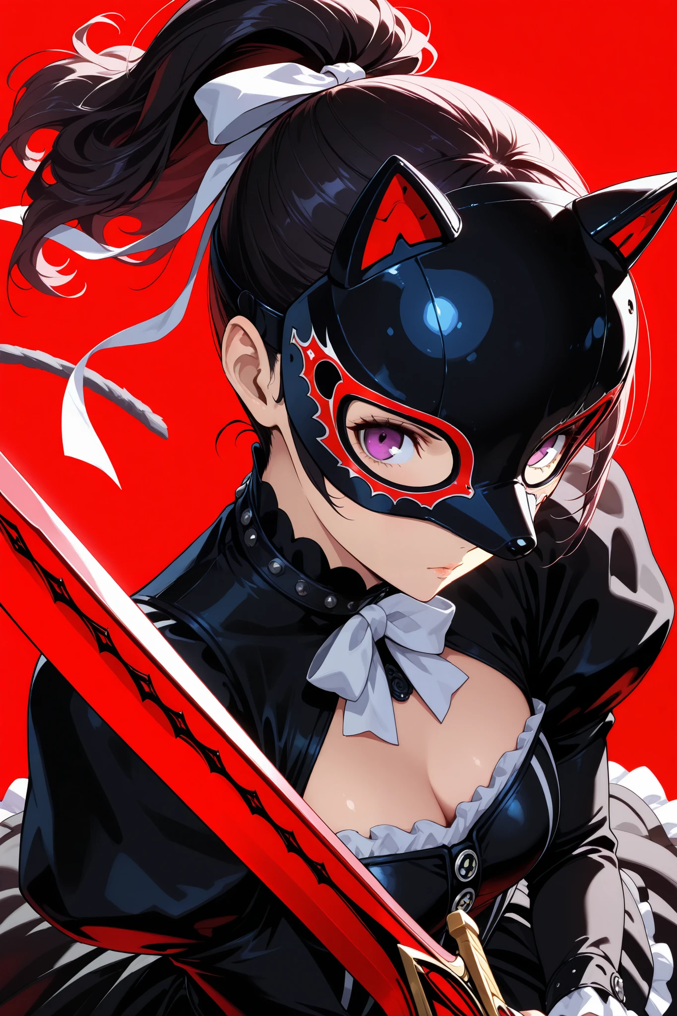 (masterpiece),(absurdres),(ultra detailed),(beautiful detailed),(persona5 mask concept,dog motive mask),(simple crimson background:1.2),solo lady,(23-year-old), black hair,purple eyes,(short highponytail),bangs:1.1,(1white ribbon:1.1),(Gothic dress:1.1),closeup shot,(holding sharp-sword,highguard sword,パリィ),closed mouth,レイナ